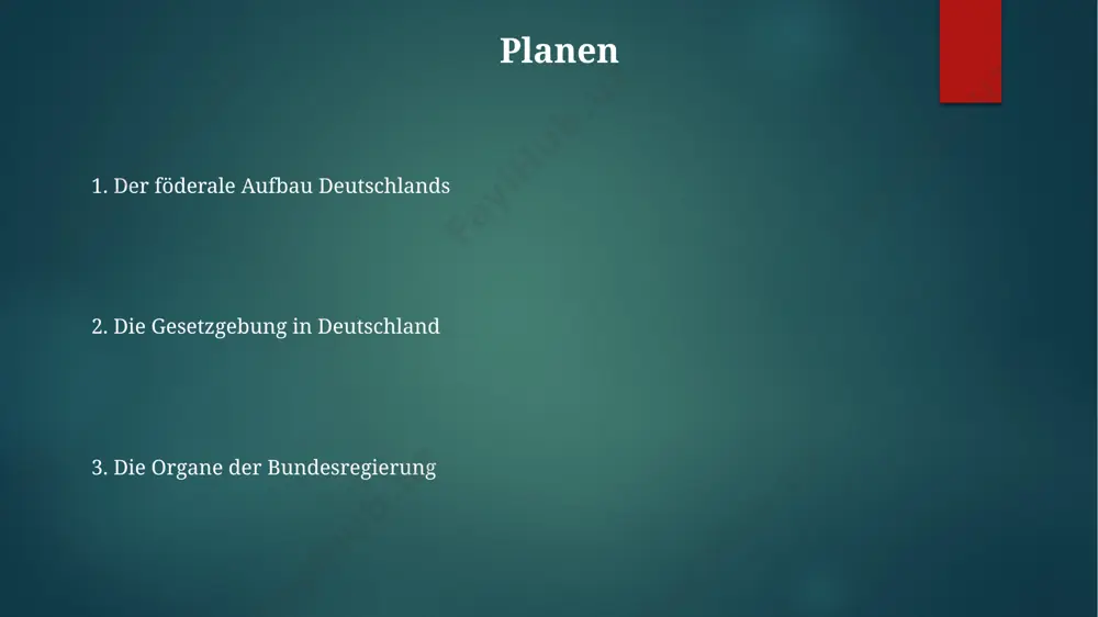 chfolgers erfordert. die bundesrepublik deutschland: ein überblick das deutsche politische system basiert auf der gewaltenteilung in legislative (bundestag und bundesrat), exekutive (bundesregierung) und judikative (bundesverfassungsgericht), wobei die bundeskanzlerin die regierungschefin/der regierungschef ist. mit über 80 millionen einwohnern und einer fläche von rund 357.000 quadratkilometern ist deutschland eine bevölkerungsreiche und flächenmäßig mittelgroße nation in europa, die in verschiedene kulturregionen gegliedert ist. die bundesrepublik deutschland besteht aus 16 bundesländern, die jeweils eigene landesparlamente und regierungen haben, und bildet somit einen föderalen staat mit weitreichenden kompetenzen auf länderebene. die rolle der parteien im politischen system deutschlands parteiensystem ist geprägt von einer vielzahl an parteien, von denen üblicherweise nur 5-7 im bundestag vertreten sind, was ein mehrparteiensystem mit oft wechselnden koalitionen bedeutet. die fraktionendisziplin in den deutschen parteien ist im vergleich zu anderen ländern relativ schwach, was zu innerparteilichen debatten und kompromissen im gesetzgebungsprozess führt. die finanzierung der parteien unterliegt strengen gesetzlichen regelungen, die …