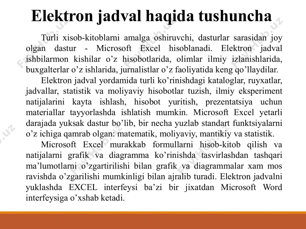 i hosil qilamiz. shu tarzda, navbatdagi yacheykalarga nusxa olinganda: d4= b4*c4, va d5=b5*c5 hosil qilamiz. shunday qilib, nusxa olish jarayonida formuladagi ishlatilgan nisbiy adreslar satr nomeriga nisbatan mos ravishda o‘zgaradi. а в с d 1 rulon yuzasi rulon soni rulon narxi umumiy qiymati 2 5.5 24 78 1872 ← = b2*c2 3 6 24 125 3000 ← = b3*c3 4 7 24 150 3600 ← = b4*c4 5 8 24 180 4320 ← = b5*c5 yuqoridagi jadvalning b nomerlik ustunidagi takrorlanuvchi qiymatlarga e’tibor qilaylik. takrorlanuvchi qiymatni bir marta yacheykaga yozib, barcha formulalarda shu yagona ko‘rsatilgan songa murojaat qilish maqsadga muvofiq bo‘lar edi. u xolda bizning jadvalimiz quyidagicha ko‘rinishga ega bo‘ladi: а в с d 1 rulon yuzasi rulon soni rulon narxi umumiy qiymati 2 5.5 24 78 1872= b2*c2 3 6 125 = b3*c3 4 7 150 = b4*c4 5 8 180 = b5*c5 agar nusxa olish jarayonida biz nisbiy …