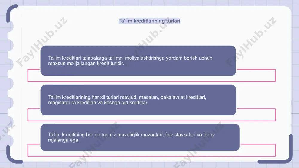 ngizni kuzatib boring va har oyda kredit to'lovlarini qoplash uchun etarli pulingiz borligiga ishonch hosil qiling. 3. kreditni tezroq to'lash uchun unga qo'shimcha to'lovlarni amalga oshirishni o'ylab ko'ring. bu sizga foizlarni tejash va kreditingizning umumiy qiymatini kamaytirishga yordam beradi. ta'lim kreditlarining kelajagi ta'lim kreditlari ta'lim xarajatlari o'sishda davom etar ekan, tobora muhim ahamiyat kasb etmoqda. ushbu kreditlar talabalarga ta'lim olish va martaba maqsadlariga erishish uchun zarur bo'lgan moliyaviy yordamni taqdim etadi. ta'lim kreditini olish orqali talabalar o'qish to'lovlari, kitoblar va boshqa ta'lim xarajatlarining moliyaviy yuki haqida qayg'urmasdan o'qishga e'tibor qaratishlari mumkin. ta'lim kreditlarining kelajagi istiqbolli ko'rinadi, tobora ko'proq banklar va moliya institutlari raqobatbardosh foiz stavkalari va moslashuvchan to'lov imkoniyatlarini taklif qilmoqda. bu talabalar o'z ta'limiga sarmoya kiritish va muvaffaqiyatli kelajakni qurish uchun zarur bo'lgan mablag'larga ega bo'lishlarini ta'minlaydi. e'tiboringiz uchun rahmat