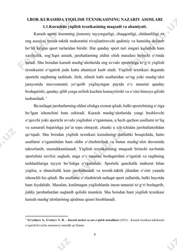 ncha muvozanatni yo‘qotgan paytda tabiiy holatda sodir bo‘ladi, shu bois uni ham to‘g‘ri o‘rganish zarur. sportchi yon tomoniga yiqilganda elkasi va qo‘li yordamida zarbani yumshatadi. shu bilan birga u oyoqlarini to‘g‘ri qo‘yishni ham o‘rganishi kerak, chunki noto‘g‘ri yiqilish paytida tizza yoki tovon jarohatlanishi mumkin. yiqilish texnikasining ahamiyatini chuqurroq anglash uchun kurashda uchraydigan jarohatlar tahliliga e’tibor qaratish zarur. statistik ma’lumotlarga ko‘ra, kurash mashg‘ulotlari yoki musobaqalarida eng ko‘p uchraydigan jarohatlar aynan noto‘g‘ri yiqilish natijasida yuzaga keladi. bular orasida qo‘l sinishi, tizza va oyoq paylarining cho‘zilishi, bel va bo‘yin jarohatlari keng tarqalgan. agar sportchi yiqilishni to‘g‘ri o‘rgangan bo‘lsa, u bu jarohatlarning katta qismini oldini olishi mumkin. shu boisdan ham tajribali murabbiylar mashg‘ulotni avvalo yiqilish mashqlaridan boshlaydilar. sportchining yiqilishdagi harakati avtomatik darajaga yetishi kerak, ya’ni u yiqilayotganini sezishi bilan tanasi o‘z-o‘zidan himoya holatini egallashi lozim. bunday darajaga yetish uchun esa doimiy mashq, muntazam takrorlash va murabbiy nazorati zarur. kurashda yiqilish texnikasining yana bir muhim …