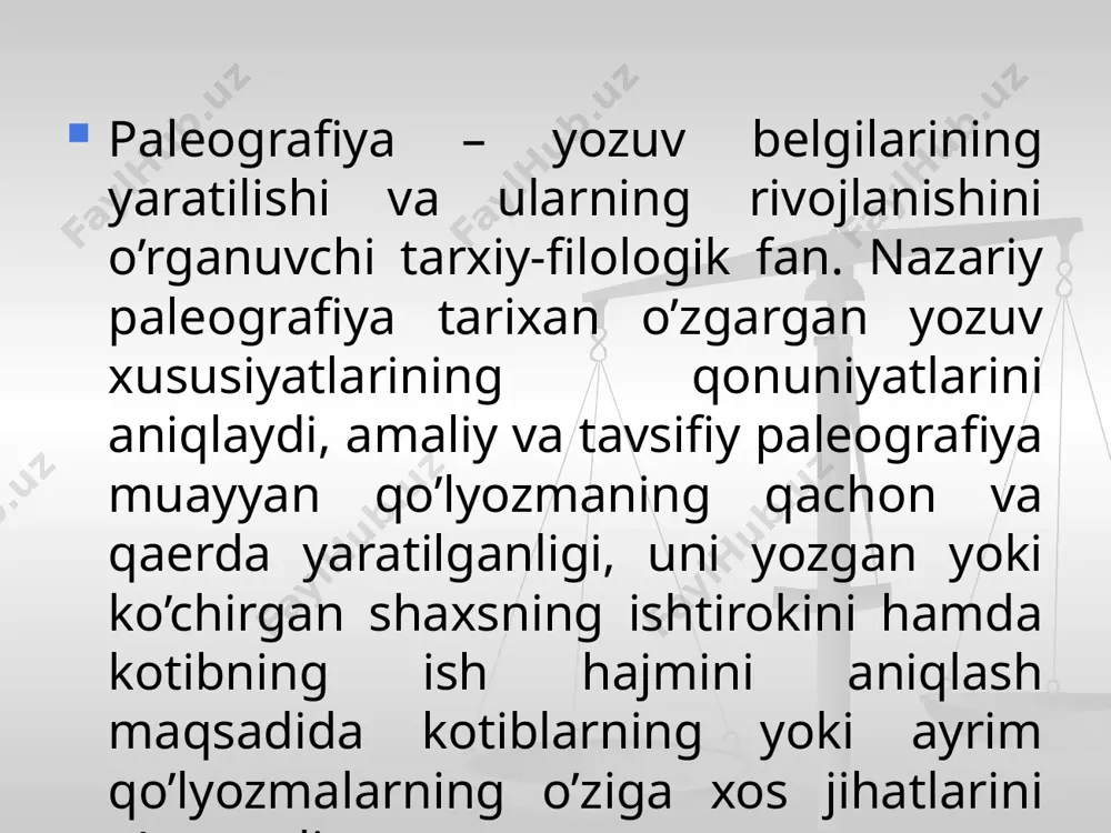 i chizish odati saqlanib qolgan: mohir chavandozning qabr toshida - ot yoki egar, olimning qabr toshida - kitob, mohir tikuvchi qabr toshida esa tikuv mashinasi tasvirlanadi kipu ideografiya yozuv axborot mazmunini bayoi qilishi bilan birga, tilning lug‘aviy tarkibini ham belgilab bergan stenografiya maxsus tayyorgarlikni talab qiladigan va mutahasislar tomonidan ishlatiladigan yozuvdir transkriptsiya so‘zi lotin tilidagi transcription degan so‘z asosida kelib chiqqan. bu so‘zning ma‘nosi ko‘chirib yozishdir. bu stenografiya singari maxsus va sun‘iy yozuv bo‘lib, nutqdagi so‘zlarning talaffuzini aniq ko‘rsatish uchun qo‘llaniladi ingliz tili transkripsiyasi o’zbekistondagi dastlabki yozuv 1969-1973 yillar mobaynida sopollitepa yodgorligi to’liq qazib o’rganilgan va 29 ta belgi chizilgan idishlar topilgan. ularni akademik a.a. asqarov shakllariga qarab 8 ta guruhga ajratgan. birinchi guruh belgilar yarim oy shaklida, 124 ikkinchi guruh belgilar tortilgan kamon shaklida, uchinchi guruh belgilar parallel ikki chiziqdan iborat, to’rtinchi guruh belgilar hoch shaklida, beshinchi guruh belgisi, ikkita aylanani birlashtiruvchi to’g’ri chiziqdan iborat. ushbu belgini «arava» ko’rinishi …