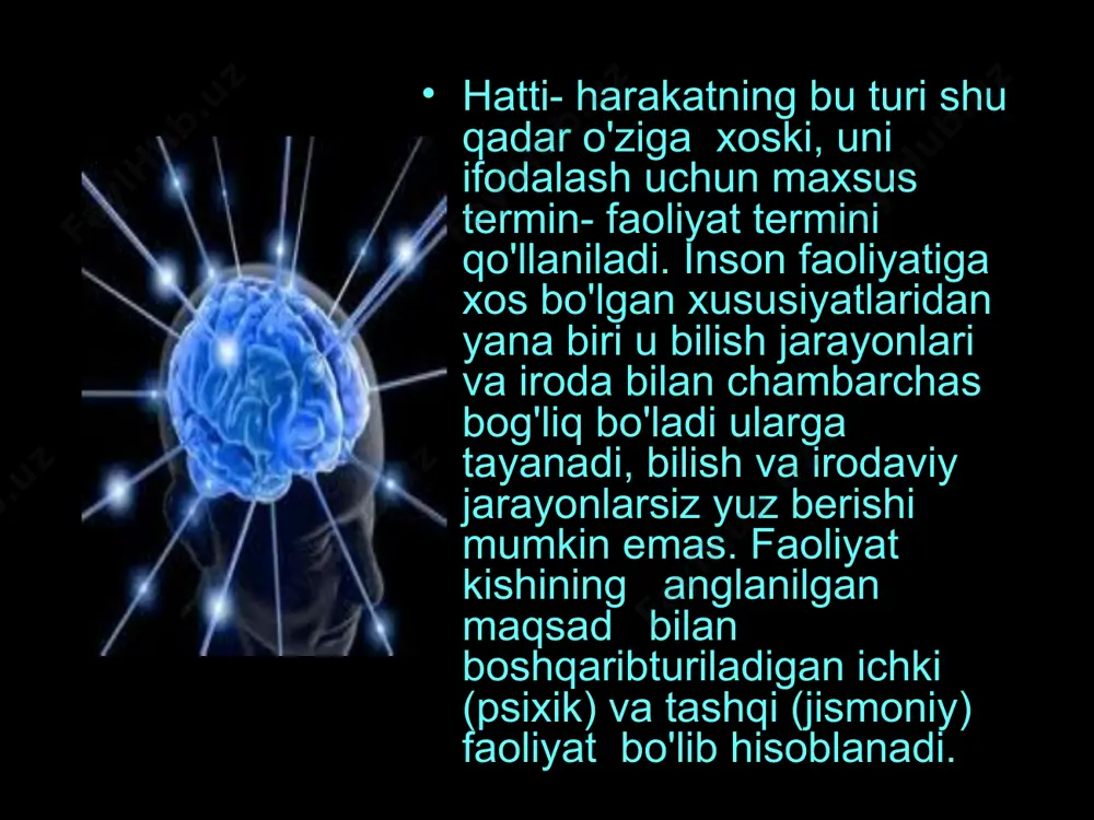 an biri bo’lgan demokritning fikricha bilish ob‘ekti moddiy olam bo’lib, ongimiz esa moddiy olam bo’lib, sezgilar orqali aks ettirilishidan iboratdir. sharq falsafiy maktabining asoschilaridan biri hisoblangan forobiy esa inson o’zini qurshab turgan olamni, sezgi a‘zolari aql idroki orqali bila boradi. inson aqli moddiy olam rivojlanishining eng oliy mahuslidir. forobiy inson aqlining roliga katta baho beradi. inson aql – tafakkur yordamida borliqni, ijtimoiy hodisa va jarayonlarning mohiyatini bilib beradi deb ta‘kidlaydi. islom ta‘limoti va tasavvuf falsafasiga ko’ra ong va ruh olloh tomonidan insonga in‘om qilingan bo’lib, u o’lmas va abadiydir. shuningdek inson xudo tomonidan yaratilgan bo’lib, boshqa mahluqotlardan farqli o’laroq unga ilohiy aql ato etilgandir. falsafiy fikr rivojida ong muammosi barcha zamonlarda faylasuflarning diqqat markazida bo’lib, kelganligini va hozirgi kunda ham dolzarb ekanligini ta‘kidlash lozim. falsafa fani ongni bir butun yaxlit holda olib, uni har taraflama o’rganar ekan, bunda u hozirgi zamon ilm – fanida erishilgan eng yangi ma‘lumotlarga tayangan holda …