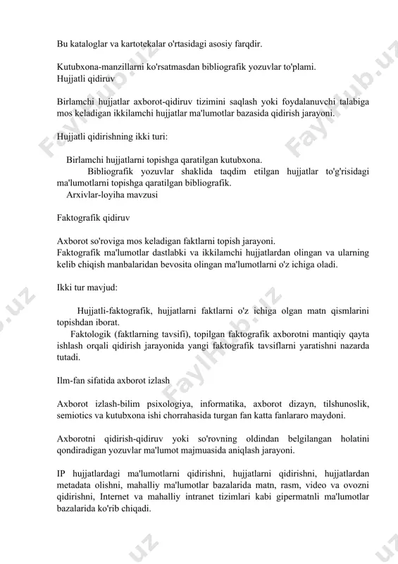 digan faktlarni topish jarayoni. faktografik ma'lumotlar dastlabki va ikkilamchi hujjatlardan olingan va ularning kelib chiqish manbalaridan bevosita olingan ma'lumotlarni o'z ichiga oladi. ikki tur mavjud: hujjatli-faktografik, hujjatlarni faktlarni o'z ichiga olgan matn qismlarini topishdan iborat. faktologik (faktlarning tavsifi), topilgan faktografik axborotni mantiqiy qayta ishlash orqali qidirish jarayonida yangi faktografik tavsiflarni yaratishni nazarda tutadi. ilm-fan sifatida axborot izlash axborot izlash-bilim psixologiya, informatika, axborot dizayn, tilshunoslik, semiotics va kutubxona ishi chorrahasida turgan fan katta fanlararo maydoni. axborotni qidirish-qidiruv yoki so'rovning oldindan belgilangan holatini qondiradigan yozuvlar ma'lumot majmuasida aniqlash jarayoni. ip hujjatlardagi ma'lumotlarni qidirishni, hujjatlarni qidirishni, hujjatlardan metadata olishni, mahalliy ma'lumotlar bazalarida matn, rasm, video va ovozni qidirishni, internet va mahalliy intranet tizimlari kabi gipermatnli ma'lumotlar bazalarida ko'rib chiqadi. ma'lumotlarni qidirish, hujjatlarni qidirish, axborotni qidirish va matn terish tushunchalari bilan bog'liq ba'zi bir chalkashliklar mavjud. shu bilan birga, ushbu tadqiqot yo'nalishlarining har biri o'z texnikasi, amaliy ishlanmalari va adabiyotlariga ega. hozirgi kunda ip-bu …