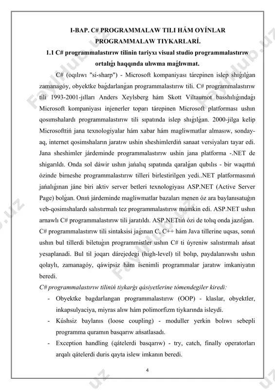 -aq, internet qosimshaların jaratıw ushin sheshimlerdiń sanaat versiyaları tayar edi. jana sheshimler járdeminde programmalastırıw ushin jana platforma -.net de shigarıldı. onda sol dáwir ushın jańalıq sıpatında qaralǵan qubılıs - bir waqıttıń ózinde birneshe programmalastırıw tilleri birlestirilgen yedi..net platformasınıń jańalıǵınan jáne biri aktiv server betleri texnologiyası asp.net (active server page) bolǵan. onıń járdeminde magliwmatlar bazaları menen óz ara baylanısatuģın veb-qosimshalardı salıstırmalı tez programmalastırıw múmkin edi. asp.net ushın arnawlı c# programmalastırıw tili jaratıldı. asp.nettiń ózi de tolıq onda jazılǵan. c# programmalastırıw tili sintaksisi jaǵınan c, c++ hám java tillerine uqsas, sonıń ushın bul tillerdi biletuǵın programmistler ushın c# ti úyreniw salıstırmalı ańsat yesaplanadi. bul til joqarı dárejedegi (high-level) til bolıp, paydalanıwshı ushın qolaylı, zamanagóy, qáwipsiz hám isenimli programmalar jaratıw imkaniyatın beredi. c# programmalastırıw tiliniń tiykarģı qásiyetlerine tómendegiler kiredi: · obyektke bagdarlangan programmalastırıw (oop) - klaslar, obyektler, inkapsulyaciya, miyras alıw hám polimorfizm tiykarında isleydi. · kúshsiz baylanıs (loose coupling) - moduller yerkin bolıwı …