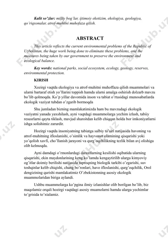 a’siri natijasida havoning va atrof-muhitning ifloslanishi, o’simlik va hayvonot olamining qisqarishi yoki yo’qolish xavfi, cho’llanish jarayoni va qurg’oqchilikning tezlik bilan avj olishiga olib kelmoqda. ayni damdagi o’rmonlardagi daraxtlarning kesilishi oqibatida ularning qisqarishi, ekin maydonlarining keng ko’lamda kengaytirilib ularga kimyoviy og’itlar doimiy berilishi natijasida tuproqning biologik tarkibi o’zgarishi, suv toshqinlar kelib chiqishi, chang bo’ronlari, havo ifloslanishi, qurg’oqchilik, orol dengizining qurishi mamlakatimiz o’zbekistonning asosiy ekologik muammolaridan biriga aylandi. (x.xoldorov, 03.02.2023 yil) ushbu muammolarga ko’pgina ilmiy izlanishlar olib borilgan bo’lib, biz maqolamiz orqali hozirgi vaqtdagi asosiy muamolarni hamda ularga yechimlar to’grisida to’xtalamiz.