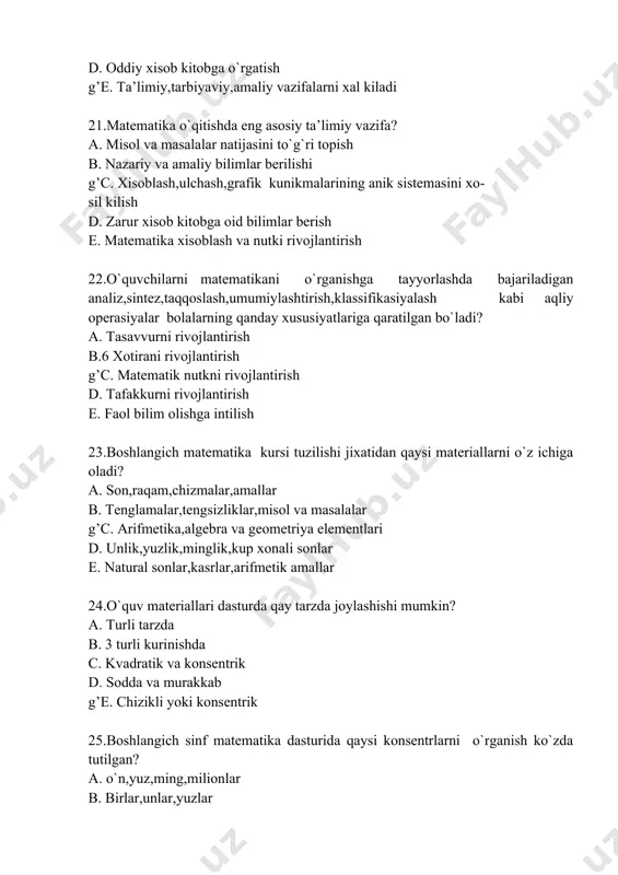 ko`rgazmali tashkil qilish g’b. o`zlashtirish tarbiyalash va rivojlantirish c. bilim ko`nikma va malakali shakillantirish d. tajriba oshadi samara kuchayadi e. aktivlik tushinarlilig ilmiylik 35.o`qitish metodlari o`quv bilish faoliyatlariga nisbatan qanday katta guruxlarga ajratilib o`rganiladi? a. ogzaki,kursatmali,amaliy b. induksiya,deduksiya,analogiya c. reproduktiv,muomoli o`qitish, tadkik kilish g’d. tashkil kilish,ragbatlantirish,nazorat kilish e. o`quv ishlari,mustakil ishlar,izlanish 36.qisqa muddat ichida xajmi bo`yicha eng ko`p informasiya berish,o`quvchilar oldiga muammolar ko`yish,ularni xal qilish yo`lini ko`rsatish bu? a. muamoli vaziyat yaratish metodi b. kursatmali metod c. amaliy ishlar metodi d. o`qitishni tadkik kilish metodi g’e. ogzaki metod 37.maxsus tanlangan savollar tizimi va ularga beriladigan javoblar yuli bilan o`quvchilarga ko`yilgan ta’limiy va tarbiyaviy masalalar qanday metodga taalluqli? a. savol javob b. katexizik suxbat c. evristik suxbat d. maxsus suxbat g’e. suxbat 38.savollar sistemasi asosida ilgari o`zlashtirilgan bilim tariflarini oddiygina qayta eslash bu? a. suxbat b. evristik suxbat c. reproduktiv metod d. deduksiya metod g’e. katexizik suxbat 39.faoliyat usullarini tiklash va …