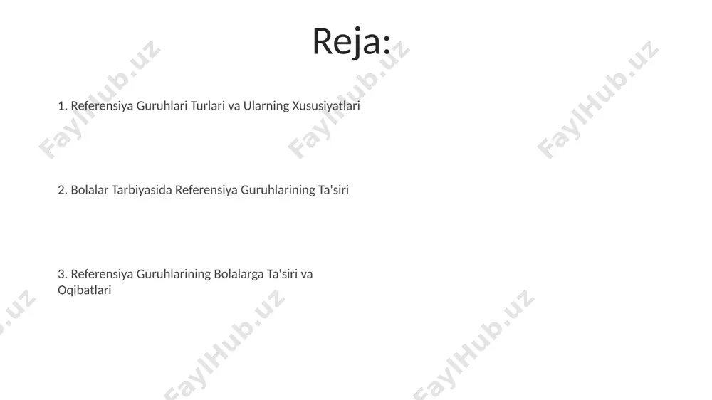 nchsiz va ijtimoiy jihatdan zaif yoshlarda, sezilarli darajada kuzatiladi. ommaviy axborot vositalari referent guruhi sifatida televizion reklamalarning 70% dan ortig'i bolalarga qaratilgan bo'lib, ularning o'yinchoqlar, oziq-ovqat va kiyim-kechak kabi mahsulotlarga bo'lgan ehtiyojlarini shakllantirishda muhim rol o'ynaydi, bu esa sotuvga bevosita ta'sir ko'rsatadi. ijtimoiy tarmoqlardagi influenserlar, o'rtacha 15-25 yoshli yoshlar orasida 85% ga yaqin ta'sirga ega, bolalar uchun rol model sifatida harakat qilib, ularning o'z-o'zini idrok etish va o'ziga bo'lgan ishonchini shakllantiradi. bolaning tarbiyasida referent guruhlarning roli oilaviy tuzilma va ijtimoiy-iqtisodiy holat, masalan, 20% kambag'al oilalardagi bolalarda, referent guruhlarning ta'siri kuchliroq bo'ladi, chunki ular o'z tengdoshlariga ko'proq tayanadi. bolalar tarbiyasida tengdoshlar guruhi, o'rtacha 7-12 yosh oralig'ida, o'zaro ta'sir va ijtimoiy normalarni o'rganishda muhim rol o'ynaydi, bu esa ota-onalar ta'siriga qaraganda ko'proq muhim bo'lishi mumkin. maktab va o'qituvchilarning ta'siri o'qituvchilarning 70% i bolalarni o'zaro hurmatga, hamkorlikka va ijtimoiy normalarga rioya qilishga o'rgatishadi, bu esa bolaning reference guruhlari bilan o'zaro munosabatlariga ijobiy ta'sir …