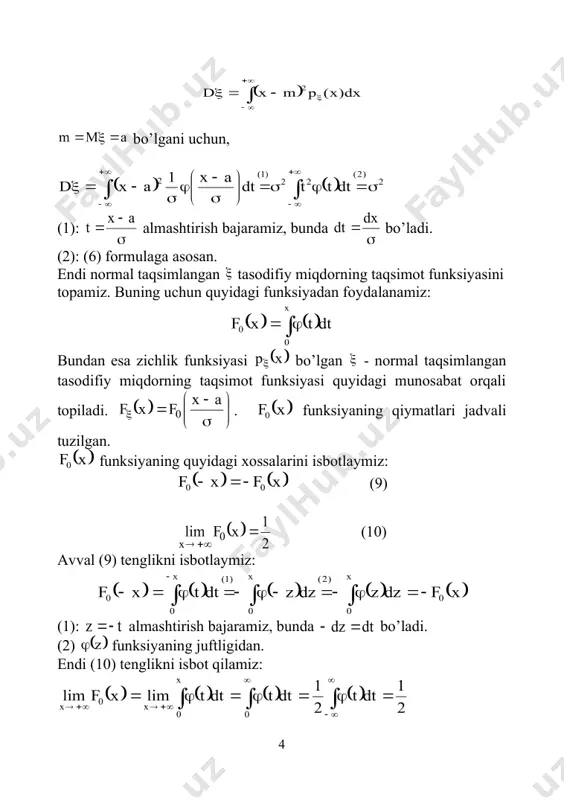normal taqsimotga yaqinligi xaqida gapirish mumkin. aksincha, asimmetriya va ekstsesslarning katta qiymatlari bu taqsimotning normal taqsimotdan katta farqlanganligini bildiradi. asimmetriyaning baholanishini ko’rib chiqaylik. simmetrik taqsimot uchun (bunday taqsimotning grafigi to’g’ri chizig’iga nisbatan simmetrik) xar bir toq tartibli markaziy momenti nolga teng. shuning uchun bu toq tartibli ixtiyoriy ( birinchi tartibli momentidasn boshqa, chunki ixtiyoriy taqsimotning birinchi tartibli markaziy momenti nolga teng) momentlar asimmetriyani baholash uchun xizmat qiladi. tabiiyki ularning eng soddasi -uchinchi tartibli markaziy momenti tanlanadi.lekin bu -moment tasodifiy miqdor o’lchanayotgan o’lchov birligidan bog’liq bo’lganligi sababli uni ga bo’lib, birlik o’lchovisiz xarakteristikaga o’tib olinadi.shunday qilib nazariy taqsimotning asimmetriyasi deb markaziy uchinchi tartibli momentning o’rtacha kvadratik chetlanish kubiga nisbatiga aytiladi: . agar taqsimot egri chizig’ining uzun qismi, matematik kutilmadan o’ng tomonda joylashgan bo’lsa, asimmetriya musbat (2 rasm,a) va agar taqsimot egri chizigining uzun qismi matematik kutilmadan chap tomonda joylashgan bo’lsa, asimmetriya manfiy bo’ladi. (2 rasm,b). rasm 2 nazariy taqsimot egri chizig’ining …