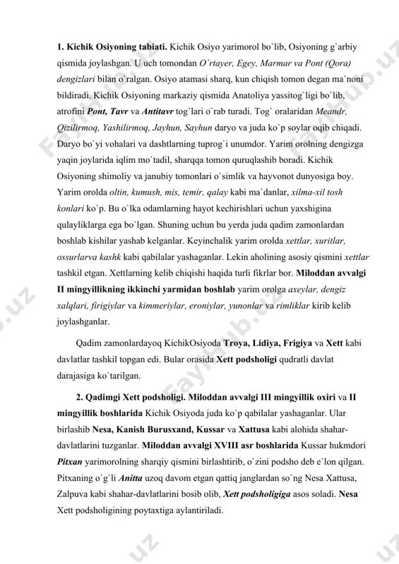 yarimorolning sharqiy qismini birlashtirib, o`zini podsho deb e`lon qilgan. pitxaning o`g`li anitta uzoq davom etgan qattiq janglardan so`ng nesa xattusa, zalpuva kabi shahar-davlatlarini bosib olib, xett podsholigiga asos soladi. nesa xett podsholigining poytaxtiga aylantiriladi. miloddan avvalgi 1680–1650-yillarda hukmronlik qilgan laborna (taborna) mamlakatni birlashtirishni oxiriga yetkazadi. u mamlakatning ko`p joylari va qora dengizning janubiy sohillarigacha bo`lgan yerlarni iste`lo qiladi. ularni xett davlati tarkibiga qo`shib oladi. u poytaxtni nesodan xattusaga ko`chiradi. podsho xattusili i (1650-1620) va mursili i (1619-1590) davrlarida xett podsholigi kuchayib, xett qo`shinlari shimoliy suriyadagi xalap va bibl shaharlarini bosib oladilar. shu davrda mamlakat ichkarisida qullar va kambag`allar qo`zg`olon ko`targanlar. xett podsholari saroyida fitna kuchayib xattusili i ga nisbatan suiqasd uyushtirilib u o`z kuyovi tomonidan oidiriladi. podsho telepen davrida (1520–1490) xett podsholigi bir oz kuchaygan. lekin telepen vafotidan so`ng podsholik kuchsizlanib inqirozga uchragan. 3. o`rta xett podsholigi. telepen vafotidan keyin, uning o`g`il-lari o`rtasida toj-taxt uchun kurash boshlanadi. bu davr miloddan …