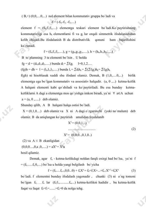 ma-ketlikda f( (0 va fn+1=fn+2=...=0 bo`lsa( u holda f(- yuqori (bosh) koeffisienti( ( - esa ko`phadni darajasi deyiladi va u (=deq f deb yoziladi. 1(2(3.... darajali ko`phadlar mos ravishda chiziqli, kvadratik,kubik va hakozo ko`phadlar deyiladi. а(x( halqada bir rolini а halqani 1 elementi o`ynaydi. u nolinchi darajaliko`phad sifatida qaraladi. а(x( halqada qo`shish va ko`paytirish amallarini aniqlanishiga ko`ra, 2 ta f = f0+f1x+.....fnxn( g = g0+g1x+.....+gmxm n va m darajali ko`phadlar uchun quyidagi tengsizliklar o`rinli deg(f+g) ( max(deg f( deg), deg(fg) ( degf+degg (5) (5) dagi 2-chi tengsizlik haqiqatda esa tenglikdir ya`ni deg(fg) = degf + degg chunki har doim fngm ko`paytma (4) ko`phadlarni yuqiri koeffisientlari ko`paytmasi bo`lib, ular noldan farqli ekaligi kelib chiqadi. fg = f0g0 + (f0g1+f1g0)x+.....(fngm)xn+m (6) bundan quyidagi tеorеmani o`rinli ekanligi kеlib chiqadi . tеorеma 1.agar a -halqa butunlik sohasi bo`lsa u holda a[x] ham butunlik sohasi bo`ladi tеorеma 2. k komutativ halqani a halqa ostisi bo`lsin …