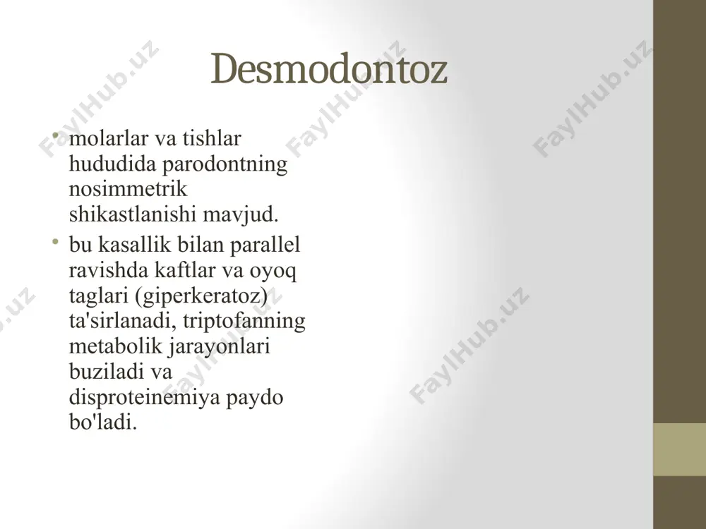 aklida nafaqat suyak, limfa tizimlari va ko'plab ichki organlarning umumiy shikastlanishi, balki parodontal sindrom ham tez o'sib boradi. xenda-krischen-shuller kasalligi bu lipidlar almashinuvining buzilishiga asoslangan (retikuloendotelial tizimning buzilishi). kasallikning klassik belgilari, shuningdek, jag'lar, bosh suyagi va skeletning boshqa qismlarining suyak to'qimasini yo'q qilish (gistiotsitoz x ning xarakterli belgilari), diabet insipidus, ekzoftalmos hisoblanadi. kasallik taloq va jigarning ko'payishi, asab, yurak-qon tomir tizimlari va boshqalar faoliyatining buzilishi bilan birga keladi; davriy alevlenmeler bilan davom etadi. og'iz bo'shlig'ida yarali nekrotik stomatit va og'ir gingivit, chuqur parodontal cho'ntaklar va yiringli oqmalar bilan parodontit, bachadon bo'yni to'q sariq rangli yumshoq qoplama bilan qoplanishi mumkin bo'lgan ildizlarning ta'siri (vayron qilingan ksantom hujayralari pigmenti) letterer-ziv kasalligi letterer-ziv kasalligi - x-gistiotsitoz, retikulotsitoz bilan parodontal o'zgarishlar. retikulyar to'qima suyak to'qimasida va limfoid tizimda o'sadi. bu 2-3 yoshli bolalarda uchraydi. o'tkir yuqumli jarayon sifatida rivojlanadi. harorat 40-41 º gacha ko'tariladi, limfa tugunlari va jigar ko'tariladi. mumkin bo'lgan letargiya, vazn yo'qotish, …