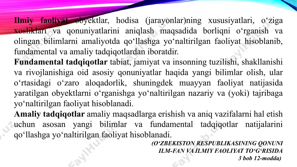 tor sohadagi ma’lumotlar sharh qilingan maqola turi. ilmiy yangiliklarni “hazm qilishga” tor soha professorlaring ham vaqti yetishmayotganligi sababli bu turdagi maqolalarga jurnallar tomonidan ham rag’batlantirilmoqda va ularga ilmiy sotsium tomonidan qiziqish ham ortib bormoqda. expert opinions – expert fikrlarini aks ettiruvchi kritik, maslahat, tavsiya, prognoz ko’rinishlaridagi maqolalar. ilmiy maqola matnini tayyorlash talablari xalqaro ilmiy jurnallarning aksariyati eksperimental tadqiqot natijalarini tavsiflovchi maqolaga quyidagi asosiy qismlardan iborat talabni belgilaydi: kirish, usullar, natijalar va munozara (introduction, methods, results, and discussion - imrad). ba'zan annotatsiya (abstract) ma'nosini anglatuvchi «a» harfi imrad qisqartmasiga qo'shiladi va imrad, deb yozilishi ham mumkin. ilmiy maqola bo'limlarining ichki tuzilishi batafsil tavsifi quyidagi ko'rinishga egadir. agar maqola nazariy izlanishlarga bag'ishlangan bo'lsa, unda «methods» bo'limi «theoretical basis»ga (nazariy asos) almashtiriladi. maqolaning kirish, metodlar, natijalar va munozara bo'limlari – maqolaning asosiy qismi (article body), deb ataladi. muallif asosiy e'tiborni maqola asosiy qismiga qaratish kerak! ilmiy maqolaning tarkibiy tuzilishi imrad formati juda oddiy …