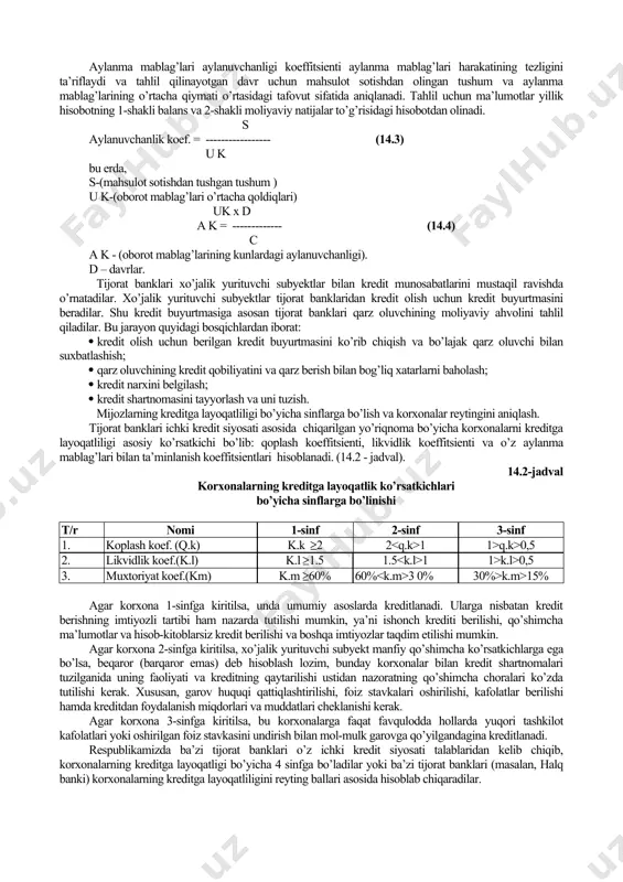 ydadan holi bo’lmasdi. kreditga layoqatlilikni tahlil qilishdan asosiy maqsad, bu qarz oluvchi, xo’jalik yurituvchi subyektning imkoniyatlari, qarzni o’z vaqtida qoplashni, risk darajasini, kredit miqdori va boshqa omillarni belgilangan sharoitda va holatda tahlil qilishdan iboratdir. banklar uchun bu masalalarni amalga oshirish juda qiyin bo’lsada, xuddi ana shu maqsad amalga oshirilsagina berilgan kreditdan foyda olinadi. kreditga layoqatlilikni tahlil qilish vazifasi bo’lib quyidagilar hisoblanadi: 1. kreditga layoqatlilikni ifodalovchi ko’rsatkichlarni aniqlash; 2. ko’rsatkichlarni tahlil qilish (yil boshi va yil oxirini taqqoslash); 3. ko’rsatkichlarga ta’sir etuvchi omillarni aniqlash; 4. kreditga layoqatlilikni mustahkamlash yo’llarini aniqlash; bozor munosabatlarining rivojlanib borishi bilan tijorat banklari tomonidan kreditga layoqatlilikni tahlil qiluvchi yangi metodlar ishlab chiqilmoqda, qaysikim korxona haqidagi (kreditga layoqatligi haqidagi) tahlilni chuqurroq olib borishni ko’rsatadi. hozirgi vaqtda jahon amaliyotida (yunido tasdiqlagan standart bo’yicha) moliyaviy ko’rsatkichlar sistemasi bo’yicha tahlil va reyting metodi bo’yicha tahlil usullari qo’llaniladi. o’zbekiston respublikasida markaziy bank tomonidan chiqarilgan yo’riqnoma bo’yicha korxonalarga turli xil muddatga kreditlar berilib, …