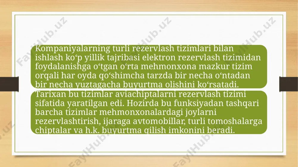 g samarali ishlashi uchun bir necha muhim komponentlar – dasturiy ta’minot, apparat vositalar, ma’lumotlar bazasi, tarmoq infratuzilmasi va integratsiya modullari – birgalikda muvofiqlashtirilgan holda ishlashi zarur. xulosa bugungi kunda bronlash tizimlarining rivojlanib borayotgani, ularga yangi texnologiyalar – bulutli platformalar, sun’iy intellekt, api integratsiyasi – tatbiq etilayotgani ularning imkoniyatlarini kengaytirib, foydalanuvchilarga yanada sifatli xizmat ko‘rsatish uchun zamin yaratmoqda. shunday qilib, har qanday bronlash tizimi samarali, xavfsiz va foydalanuvchi uchun qulay bo‘lishi uchun uni to‘g‘ri loyihalash, joriy etish va doimiy ravishda takomillashtirib borish zarur. image5.png image6.png image3.png image4.png /docprops/thumbnail.jpeg
