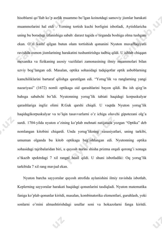 chi gipotezani olg’a surdi. 1704-yilda nyuton o’zining ko’plab mehnati natijasida yozgan “optika” deb nomlangan kitobini chiqardi. unda yorug’likning xususiyatlari, uning tarkibi, umuman olganda bu kitob optikaga bag’ishlangan edi. nyutonning optika sohasidagi tajribalaridan biri, u quyosh nurini shisha prizma orqali qorong’i xonaga o’tkazib spektrdagi 7 xil rangni hosil qildi. u shuni isbotladiki: oq yorug’lik tarkibida 7 xil rang mavjud ekan. nyuton barcha sayyoralar quyosh atrofida aylanishini ilmiy ravishda isbotlab, keplerning sayyoralar harakati haqidagi qonunlarini tasdiqladi. nyuton matematika faniga ko’plab qonunlar kiritdi, masalan, kombinatorika elementlari, guruhlash, yoki sonlarni o’rnini almashtirishdagi usullar soni va hokazolarni fanga kiritdi. aytishlaricha, nyuton yoshligidan o'ta kamgap inson bo'lgan ekan. hech qanday ortiqcha yoki behuda gaplar aytishni xush ko'rmas ekan. maykl faradey maykl faradey 1791 –yil london (angliya) atrofida istiqomad qiluvchi temirchi oilasida tug’ildi. dastlabki mehnat faoliyatini kitob do’konida boshladi. 1813-yilda u londondagi qirollik tadqiqot institutida laborant lavozimida ishga joylashdi. 1833-yil shu institutda professor darajasiga erishdi. faradey, o’zidan …