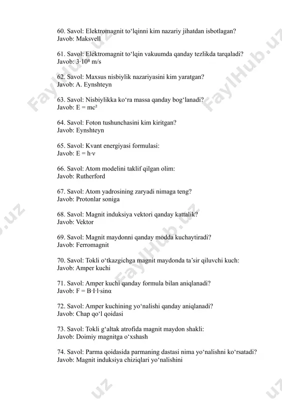 vob: induksiya eyuk 102. savol: simli ramka magnit maydonda aylansa, qanday eyuk paydo bo‘ladi? javob: sinusoidal 103. savol: induksiya eyuki kattaroq bo‘lishi uchun nima kerak? javob: magnit oqim o‘zgarish tezligi katta bo‘lishi 104. savol: induksiyalangan eyuk qanday zanjirda hosil bo‘lmaydi? javob: ochiq 105. savol: induksiya eyuk o‘lchov birligi: javob: volt 106. savol: transformator qanday hodisaga asoslanadi? javob: elektromagnit induksiya 107. savol: lents qonuni qanday hodisani ifodalaydi? javob: tokning yo‘nalishini 108. savol: agar magnit oqim ortayotgan bo‘lsa, induksiyalangan tok yo‘nalishi qanday bo‘ladi? javob: oqimni kamaytiruvchi yo‘nalishda 109. savol: eyuk paydo bo‘lishining sababi: javob: magnit oqimning o‘zgarishi 110. savol: harakat induksiyasi qayerda qo‘llaniladi? javob: generatorlarda 111. savol: simli kontur magnit maydonda aylanganda nimaga bog‘liq eyuk hosil bo‘ladi? javob: aylanish tezligi 112. savol: magnit maydon kuchayganda eyuk... javob: orttadi 113. savol: tok hosil bo‘lishi uchun magnit oqim: javob: o‘zgarishi kerak 114. savol: eyuk yo‘nalishini aniqlashda foydalaniladigan qoida: javob: lents qoidasi 115. savol: faradey …