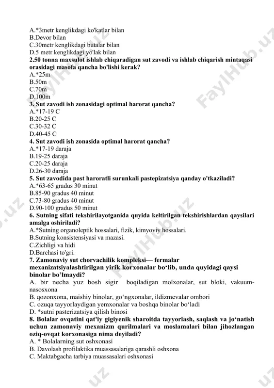 olari: un tuz ombori, yordamchi xomashyo ombori b. silos bo’limi: bu joyda to’g’ridan to’g’ri xamir qorishda ishlatish uchun kichikroq, tezkor un zaxirasi turadi. c. xamir qorish bo’limi: bu bo’lim xamir oshiradigan, ya’ni bijg’itiladigan kamera-xamirturush tayyorlanadigan va xamir tindirib qo’yiladigan oshirish kamerasi bilan tutashgan bo’ladi. d. *xmir uzish bo’limi bilan ikkilamchi oshirish kamerasi, abc javoblar 3. non yopish sanoati karxonalariga quyidagi binolar kirmaydi: a. *unni metallardan tozalash xonasi b. non yopiladigan xona c. non qo’yiladigan joy va ekspeditsiya (jo’natish) d. ma’muriy maishiy binolar 4. un maxsulotlarida ruxsat qilingan metall qoldiqlari miqdori qancha? a.*3mg/kg b. 5mg/kg c. 7mg/kg d. 20mg/kg 5. un maxsulotlarining gigiyenik ko'rsatkichlari: a.*kislotaligi,namligi va begona moddalar bo'lmasligi b.g'ovakligi,kislotaligi va begona moddalr bo'lmasligi c.kislotaligi,namligi va begona moddalar borligi d.namligi,g'ovakligi,bakteriyalar bo'lmasligi 6. nonning gigiyenik ko'rastkichlarini ko'rsating. a.*kislotaligi,namligi,g'ovakligi b.azot,ammiak,kislotaligi c.kislotaligi,zichligi,oqsillar borligi d.oqsillar,yog'lar,azot 7. non har xil tizimdagi non yopish pechlarida yopiladi, bu pechlarda harorat qancha bo’ladi? a. *250-290 0c b. 10-100 0c …