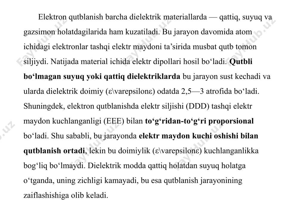 n. bu ishlarni materialning ishlashga yordam berishiga ta'sir ko'rsatadi. dielektriklarda energiya isrofi, asosan, dielektrik yo'qotish yo'qotish (tg d) orqali ifodalanadi va bu yo'qotishlar elektr maydon ta'sirida material ichida issiqlik ko'rinishida namoyon bo'ladi. energiya isrofini qo'shish uchun kam yo'qotishli, yuqori qarshilikka ega, qattiq dielektrik materiallardan yuk tashish kerak. shunday qilib, dielektrik materiallarni qayta ishlash va undan keyingi manba qutblanish mexanizmlari, elektr o'tkazuvchanlik darajasi hamda energiya yo'qotish ko'rsatkichlarini chuqur kuzatish zarur. bu, ayniqsa, yuqori chastotali va sifatli elektr quvvatida samarali va xavfsiz ishlashni ta'minlash. foydalangan adabiyotlar 1.gurnlack b. neutral corrosion - problem overstated / b. gurnlack // transmission distribution world. – 1996, august. – p.152-158. 2.dementev v.s. kak opredelit mesto povrejdeniya v silovom kabele. trete izdaniye, pererabotannoye / v.s. dementev. - m.: «energiya», 1980. 3.likin a.v. elektricheskiye sistemi i seti. uchebnoye posobiye / a.v. likin.- novosibirsk: izd-vo ngtu, 2002. – 248 s. 4.faybisovich d.l. spravochnik po proyektirovaniyu elektricheskix setey. / pod red. …