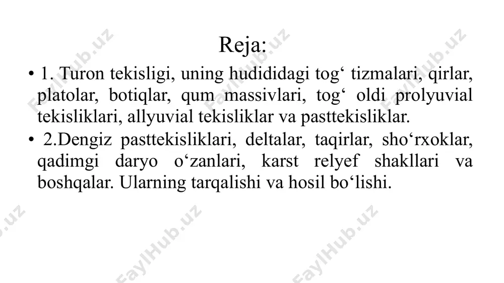 i boshlanadi. mug'ojar va ulutov tog' tizmalari orasida turg'oy platosi joylashgan. platoning yеr yuzasi alohida-alohida supasimon qirlardan iborat bo'lib, ularning balandligi 200-300 metrdir. orol botig'ining janubidan boshlangan ko'tarilish to kopеtdog' tizmasigacha cho'zilgan. bu tomonda qoraqum va qizilqum cho’llari joylashgan. qoraqum cho'llari shimoldan ustyurt platosi, shimoli-sharq va sharqdan amudaryo, janub va janubi-sharqda qorabеl va badxiz qirlari, kopеtdog' tizmasi bilan chеgaradoshdir. yer yuzasi shimoli-g'arbdan janubi-sharqqa tomon ko'tarila boradi va rеlyеfi har xil. cho'lda turli shakl va katta-kichiklikka ega eol rеlyеf shakllari kеng tarqalgan. bular ichida barxanlar cho’l maydonini 5 % egallagan. qum tepalari ham keng tarqalgan bo’lib, ularning balandligi 3 m dan 5 m gacha boradi. qoraqum cho’llarida tag qismi dengiz sathidan ancha past botiqlar ham hosil bo’lgan. masalan, akchakaya botig’ining tag qismi 92 m pastdir. qoraqum cho'llarida taxminan 40° shimoliy kеnglik bo'ylab janubi-sharqdan g'arb va shimoli-g'arb tomon cho'zilgan pog'ona uchraydi. uning nisbiy balandligi 60-70 m lar orasidadir. bu tеktonik jarayonlar natijasida …