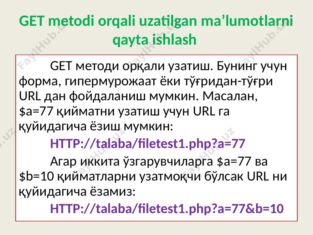indows10 127.0.0.1 post metodi orqali uzatilgan ma’lumotlarni qayta ishlash сайтга кирувчи меҳмонларнинг ip адреси ва бошқа маълумотларини билмоқчи бўлсак, қуйидагича дастур кодини ёзамиз: echo “сизнинг ip адресингиз:”.$_server[‘remote_addr’]; echo “сизнинг браузер ва ос:”.$_server[‘http_user_agent’]; echo “сизнинг адресингиз:”.$_server[‘http_referer’]; include instruksiyasi. include instruksiyasi. include инструкцияси дастурни алоҳида модулларга бўлиб, уларни биргаликда ишлатишга имкон беради. дастур файлини бошқа бошқа бир дастур файлига боғлаш учун қуйидагича амалга оширилади: include “settings.php”; md5 funksiyasi md5 () функцияси унинг аргументи сифатида киритилган қийматни хешлайди, яъни шифрлайди. бир хил қийматларнинг шифрлари ҳам бир хил бўлади. бундан маълумотлар базасига паролларни сақлашда унинг айнан ўзини эмас, балки унинг шифрланган қийматини сақлашда фойдаланиш мумкин. md5 funksiyasi phpmyadmin ilovasi phpmyadmin ёрдамида мб билан ишлаш учун дастлаб web серверни ишга туширамиз. phpmyadmin ойнасини очамиз. логин ва паролни киритамиз. янги мб (talaba) ни яратамиз. унда tasks (масалалар) номли жадвал яратамиз. унинг структураси қуйидагича бўлади. phpmyadmin ilovasi php yordamida mysql ma’lumotlar bazasi bilan ishlash //mysql ga ulanish …