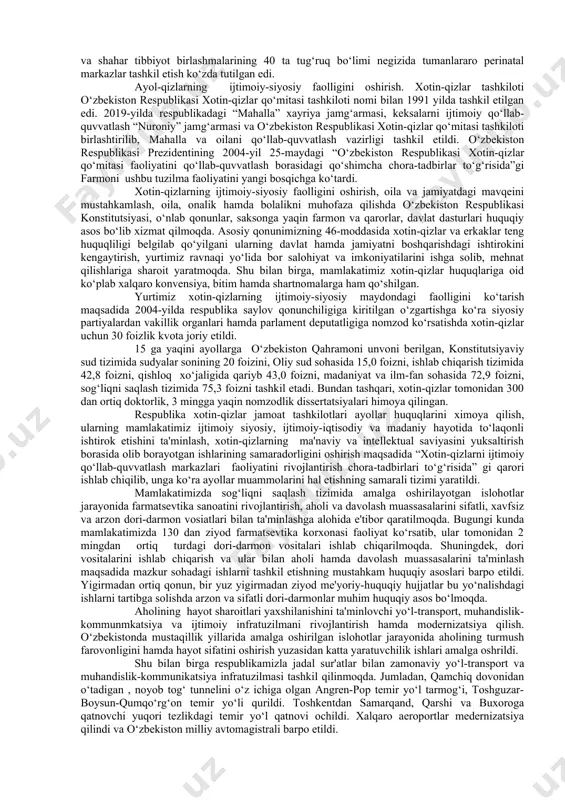 ishiga zamin yaratadi. “mehnat migratsiyasi to‘g‘risida”gi o‘zbekiston respublikasi qonuni. qonun mehnat migratsiyasi siyosatining asosiy ynalishlari, fuqarolarning chet ellarda ishga joylashtirishning mexanizm va shakllari, mehnat migrantlari bilan ishlash sohasidagi davlat diplomatik vakolatxonalarning asosiy faoliyat yo‘nalishlari, chet ellarda ishga joylashtirishning mexanizm va shakllari, mehnat migrantlari bilan ishlash sohasidagi diplomatik vaolatxonalarning asosiy faoliyat yo‘nalishlari, chet elda o‘zbekiston fuqarolarining shaxsiy xavfsizligini ta'minlash va ularning ijtimoiy himoyasi masalalarini qamrab oladi. “aholi bandligiga ko‘maklashish nodavlat tashkilotlari (rekruting agentliklari) to‘g‘risida”gi qonuni. qonunda mehnat bozori infratuzilmasini oshirish, aholi bandligini ta'minlash imkoniyatlarini, aholi daromadlari va turmush darajasini oshirishga xizmat qiladi. aholini ijtimoiy himoya qilish va sog‘liqni saqlash tizimini takomillashtirish, ayol-qizlarning ijtimoiy-siyosiy faolligini oshirish. o‘zbekistonni rivojlantirish strategiyasida aholini ijtimoiy himoya qilish va sog‘liqni saqlash tizimini takomillashtirish, ayol-qizlarning ijtimoiy-siyosiy faolligini oshirish ustuvor yo‘nalishlardan biri sifatida belgilangan. mamlakatimiz taraqqiyotining bugungi bosqichida ijtioiy sohaning aholiga majburiy ijtimoiy kafolatlarni ta'minlash, aholining ehtiyojmand qatlamlarining ijtimoiy himoyasini hamda keksalar va imkoniyati cheklangan shaxslarni davlat tomonidan qo‘llab-quvvatlashni …