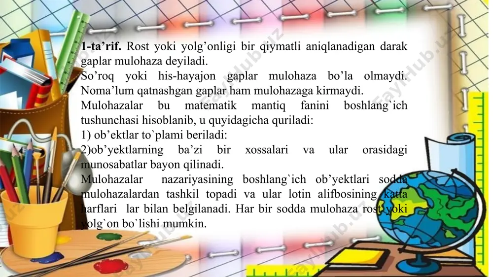 ladi va «a⇔b» ko ‘rinishda yoziladi. a⇔b ekvivalensiya a va b mulohazalarning qiymatlari bir xil bo’lganda rost bo’ladi. a b a⇔b r r r r y y y r y y y r masalan, «129 soni 3 ga faqat va faqat uning raqamlari yig’indisi 3 ga bo’linsagina bo’linadi». 129⋮3⇔(1+2+9)⋮3. — rost tarkibiga kirgan ixtiyoriy elementar mulohazalarning rost yoki yolg`onligidan qat’iy nazar rost bo`ladigan murakkab mulohaza tavtologiya deyiladi. ularning rostligi rostlik jadvali yordamida isbot qilinadi. image1.png image2.png image3.png image4.png image5.png image6.png image7.png image8.png image9.png image10.png image11.png image7.emf image12.png image13.png image14.png image15.png image16.png image17.png image18.png mulohazalar dizyunksiyasining xossalari: 1°. a∨ b = b ∨ c(kommutativlik). 2°. (a∨ b)∨ c = a∨ (b∨ c) = a∨ b∨ c(assotsiativlik). 3°. a ∨ a = r (a∨ a) — aynan rost mulohaza). 4°. a∨ (b ∧ c) = (a ∧ b) ∨ (a ∧ c) — dizyunksiyaning konyunksiyaga nisbatan distributivligi). 5°a ∧( b∨ q) = …