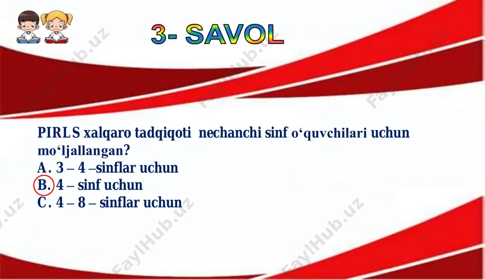 h uchun. baholash mezoni: ball javob 1 to‘g‘ri javob: a 0 boshqa javob yoki javob yo‘q bo‘lsa. 01 02 rasmdagi shakl bir xil o‘lchamdagi kvadratlardan iborat. har bir kvadrat tomoni 2 sm.berilgan shakl perimetrini toping? a. 9 sm b. 14 sm c. 28 sm d. 36 sm topshiriq № .kod pm4_38 topshiriq hususiyati:  mazmun sohasi: geometrik shakllar va o‘lchashlar  mavzu sohasi: ikki va uch o‘lchovli shakllar  kognitiv sohasi: qo‘llash  maksimal ball: 1 ball kod javob 1 10 to‘g‘ri javob: c. 28 sm 0 99 noto‘g‘ri javob: boshqa javoblar tanlanganda yoki javob ko‘rsatilmagan bo‘lsa davlatbekda 20 zed bor edi. u 3,65 zedga kitob va 2,70 zedga jurnal sotib oldi. davlatbekda necha zed qoldi? a. 6,35 zed b. 13,65 zed c. 14,65 zed d. 16,35 zed topshiriq № 2.kod pm4_29 topshiriq hususiyati:  mazmun sohasi: sonlar va amallar  mavzu sohasi: o‘nli kasr, matnli masalalar  kognitiv sohasi: …