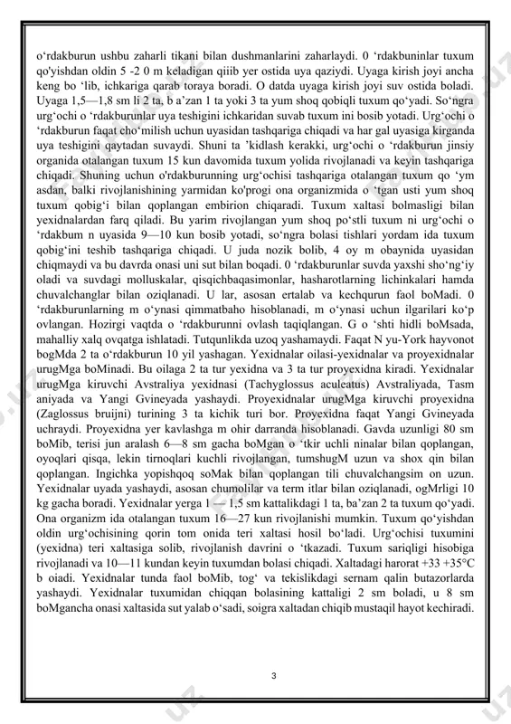 akbuninlar tuxum qo'yishdan oldin 5 -2 0 m keladigan qiiib yer ostida uya qaziydi. uyaga kirish joyi ancha keng bo ‘lib, ichkariga qarab toraya boradi. o datda uyaga kirish joyi suv ostida boladi. uyaga 1,5—1,8 sm li 2 ta, b a’zan 1 ta yoki 3 ta yum shoq qobiqli tuxum qo‘yadi. so‘ngra urg‘ochi o ‘rdakburunlar uya teshigini ichkaridan suvab tuxum ini bosib yotadi. urg‘ochi o ‘rdakburun faqat cho‘milish uchun uyasidan tashqariga chiqadi va har gal uyasiga kirganda uya teshigini qaytadan suvaydi. shuni ta ’kidlash kerakki, urg‘ochi o ‘rdakburun jinsiy organida otalangan tuxum 15 kun davomida tuxum yolida rivojlanadi va keyin tashqariga chiqadi. shuning uchun o'rdakburunning urg‘ochisi tashqariga otalangan tuxum qo ‘ym asdan, balki rivojlanishining yarmidan ko'progi ona organizmida o ‘tgan usti yum shoq tuxum qobig‘i bilan qoplangan embirion chiqaradi. tuxum xaltasi bolmasligi bilan yexidnalardan farq qiladi. bu yarim rivojlangan yum shoq po‘stli tuxum ni urg‘ochi o ‘rdakbum n uyasida 9—10 …