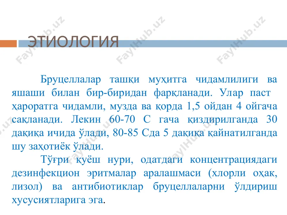 т ва хедельсон) 3. аллергик синама (бюрне синамаси) лаборатор диагностикаси антибиотиклар микрококкларга нисбатан уларни организмда ўсиб, кўпайишга қарши таъсир қилиб, касалликни белгили кўринишларини камайтиради. бруцеллёз хасталигини даволашда тетрациклин гуруҳи дориларидан, террамицин, тетрациклин, биомицин жуда кенг қўлланилиб яхши натижа беради. бу мақсадда гентамицин, рифампицин, рондомицин, левомицитин, стрептомицин ва унинг аналоглари ҳам қўлланилади. стрептомицин билан юқорида қайд этилган антибиотиклардан бири буюрилса жуда яхши даво самараси олинади. дегидрострептомицин ва стрептомицин мушак орасига 25000 ед ҳар 12 соатда (курс учун 5 г.), юборилади, тетрациклин гуруҳи дорилари (0,2-0,3 г ҳар 6 соатда), левомицетин (0,5г ҳар 6 соатда), рифампицин (0,15 г. ҳар 6 соатда), рондомицин ().№ г.ҳар 6 соатда) оғиз орқали буюрилади, гентамицин 40г мушак орасига юборилади. антибиотикларни бериш муддати курс учун 7-10 кунни ташкил этади. агар берилган антибиотикдан яхши натижа олинмаса бошқа антибиотик буюрилиб, иккинчи керак бўлса , учинчи курс давосини олиб бориш мумкин. бир курс билан иккинчи курс орасидаги оралиқ 5-10 кунни ташкил қилиб, …