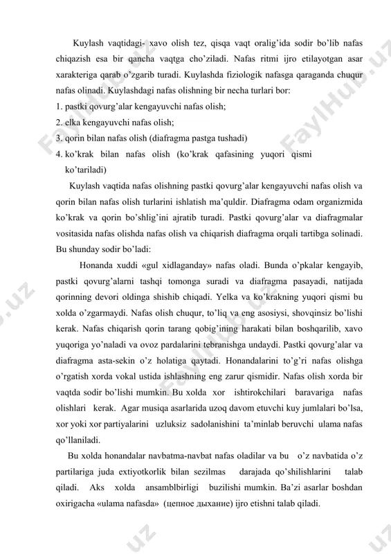 vom etuvchi kuy jumlalari bo’lsa, xor yoki xor partiyalarini uzluksiz sadolanishini ta’minlab beruvchi ulama nafas qo’llaniladi. bu xolda honandalar navbatma-navbat nafas oladilar va bu o’z navbatida o’z partilariga juda extiyotkorlik bilan sezilmas darajada qo’shilishlarini talab qiladi. aks xolda ansamblbirligi buzilishi mumkin. ba’zi asarlar boshdan oxirigacha «ulama nafasda» (цепное дыхание) ijro etishni talab qiladi. iii. yuqorida aytilganidek, tovush nafas va ovoz apparatlarining harakati natijasida hosil bo’ladi. tovush xavoning yopiq holatdagi ovoz teshigi orqali o’tganda ovoz pardalari tebranishi vaqtida yuzaga keladi. tovushning paydo bo’lish vaqti «tovush xujumi» (атака звука) deyiladi. ovoz pardalarining jipsligiga, nafas chiqarishning kuchi va xarakteriga qarab tovush xujumi qattiq, mayin va nafas olishdan keyingi xujum boэlishi mumkin. tovushning yumshoq xujumida ovoz pardalari nafas chiqarish boshlanishi bilan ochiladi. chiqayotgan xavoning ovoz pardalariga yengil tegib o’tishi natijasida juda yumshoq «egiluvchan tovush» hosil bo’ladi. tovushning qattiq xujumi nafas chiqarish oldidan ovoz pardalarining zich yopilishi natijasida hosil bo’ladi. nafas olishdan keyingi xujumda esa …