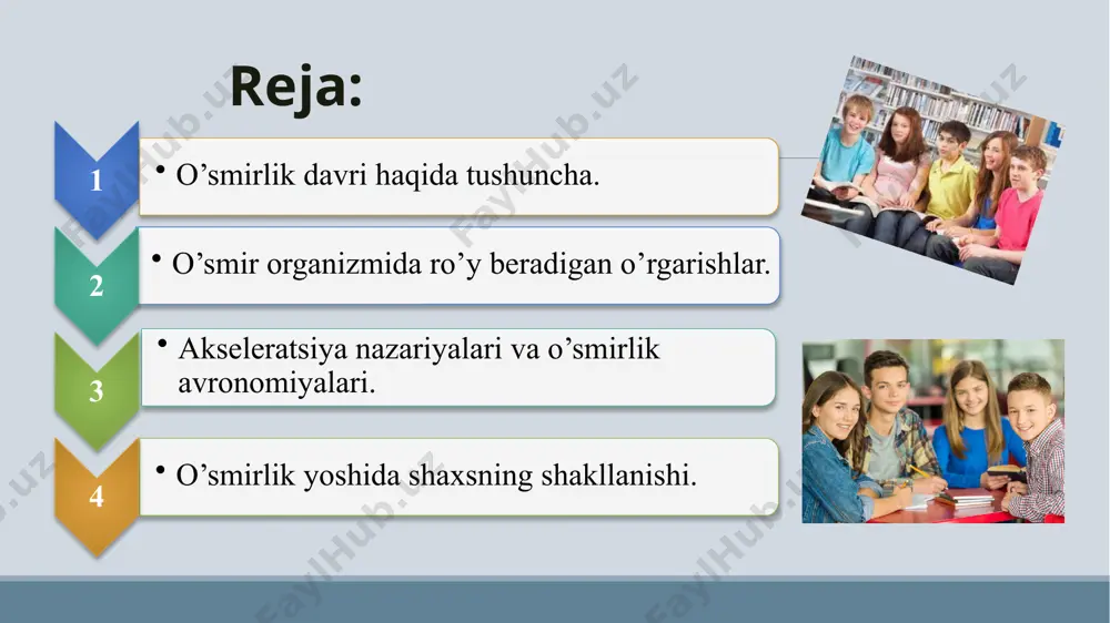 zandlarning oʼsishida kuchayish, jadallashish, akseleratsiya hodisasi vujudga keladi. urbanizatsiya nazariyasi. jamiyat rivojlanishida shaharlarning roli ortishi bu nazariyaga asos qilib olingan. shaharning turmush tarzi, oʼziga xos xususiyatlari, axborot tarmoqlarining kengligi, madaniyat darajasi, fan-texnika, transport, maishiy xizmat kabi omillar bolalarning aqliy, axloqiy, jinsiy jihatdan ertaroq voyaga yetishi uchun zarur shart-sharoitlar yaratdi. akseleratsiya nazariyalari: nutritiv nazariya. bu gʼoyaning tub mohiyati shuki, oʼsishdagi jadallashish (akseleratsiya) odamlarning ovqatlanishi yaxshilanishi, isteʼmol qilinayotgan ozuqalarda darmondorilar miqdorining koʼpayishi sababli vujudga keladi. nurlanish nazariyasi. bu nazariya namoyandalarining fikricha, yer yuzida rentgen qurilmalarining koʼpayishi, atom, vodorod va neytron bombalarining portlashi natijasida insonda radioaktiv moddalar, radiatsiya nurlanishi darajasining sezilarli darajada ortishiga olib keladi. ijtimoiy akseleratsiya nazariyasi. bu ilmiy nazariyaning asoschilaridan biri, yirik fiziolog olim а.а.markosyandir. uning taʼriflashicha, hozirgi kishilardagi bilimlar hajmini yigirmanchi asr yarmidagi kishilarning bilimlari hajmiga taqqoslash orqali bolalardagi oʼsish jarayonini aniqlash ijtimoiy akseleratsiya deyiladi. o’smirlik davrining tavsiyalanishi quvvatning keskin ortishi huquqiy avtonomiya patogen ta’sirlarga o’ta sezgirligi turlari farqlanadi emotsinal …