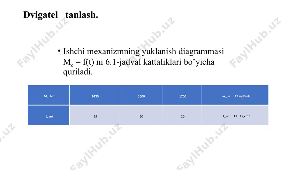 malari ishga tushirishdagidek bo’ladi. tenglamalarning parametrlari tormozlash grafiklaridan olinadi. tormozlashda hisoblashlar dan gacha (aktiv mc), dan gacha bajariladi(reaktiv mc). elektrodinamik tormozlashda o’tkinchi jarayonlar quyidagi tenglamalar yordamida hisoblanadi =2216n*m o’tkinchi jarayon vaqti elektr yuritmani tormozlashdagi o’tkinchi jarayon grafiklari. xulosa men ushbu kurs loyihada faza rotorli asinxron dvigatel mt-78-10 shu tipdagi elektir dvigatelni yuqoridagi ko’rsatilgan shartlari bo’yicha tabiy mexanik xarakteristikasini ,ishga tushirish xarakteristikasini ,teskari ulab tormizlash xarakteristikasi va dinamik tormozlash xarakteristikalarini shart bo’yicha tekshirdik va uning grafiklarini tekshirdim .asinxron dvigatelni ishga tushirish vaqtida ishga tushurish tokning ortib ketmasligi uchun qo’shimcha qarshilik ulab ishga tushirilgan vaqtdagi o’tkinchi jarayonlarining o’zgarishini kuzatdim. bunda elektr dvigatelning mehanik va elektro mehanik harakteristikalarini tezlik tok va mament hisobidan turg’unlika o’tish jarayonini tahlil qildim.bunda tanlagan asinxron dvigitel mt-78-10 dvigatelim loyiha bo’yicha barcha shartlarni bajardi.demak tanlagan elektr dvigitel kurs loyihasi bo’yicha to’laqonli bajarildi. foydalanilgan adabiyotlar: ключев в. и «теория электропривода» м. энергоатомиздат. 2000. 440с. москаленко в. в «электрический привод» учебное …