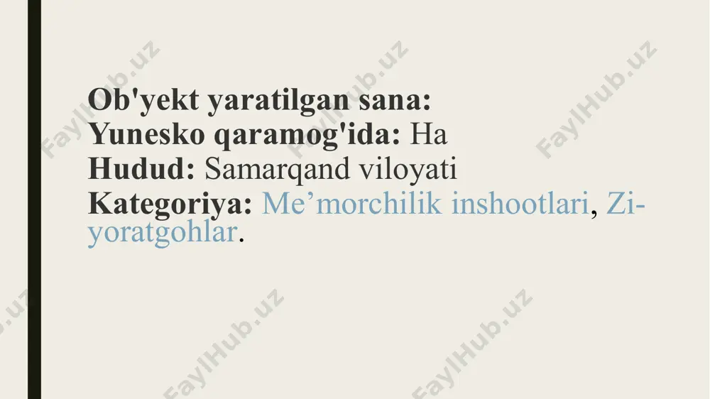 ida 8 ming o'rinli masjid bunyod etilishi rejalashtirilmoqda. shu bilan birga, majmua atrofida to'rtta ulkan minora, ichki hamda tashqi ayvonlar barpo etiladi.majmuadagi qurilish-obodonlashtirish ishlari jarayonida imom buxoriy maqbarasi hozirgi ko'rinishi saqlangan holda rekonstruksiya qilinadi. yangi loyihaga asosan, 8 ming o'rinli masjid qurilib, majmua atrofida to'rtta ulkan minora va hozirgi ayvonlarga qo'shimcha ravishda ichki hamda tashqi ayvonlar barpo etiladi.mahalliy va xorijlik ziyoratchilarga qulaylik yaratish maqsadida zamonaviy mehmonxonalar, xalqaro andozalarga mos keladigan maishiy xizmat va sanitariya-gigiyena shoxobchalari qurilishi ko'zda tutilgan. majmuada qurilish-bunyodkorlik ishlari jarayonida bu yerdagi tarixiy buloq va bir necha yuz yillik chinor daraxtlariga ziyon yetkazilmay, o'z holida saqlash uchun barcha zarur choralar ko'rilishi aytilmoqda. o'zbekiston respublikasi prezidentining 2021-yil 11 fevralda samarqand viloyatiga safari chog'ida imom al-buxoriy yodgorlik kompleksini to'liq rekonstruksiya qilish va uning hududida obodonlashtirish bo'yicha ishlarning borishi bilan tanishdi. rekonstruksiya ishlari enter engineering kompaniyalari guruhi tomonidan bajarilmoqda. loyiha buyurtmachisi samarqand viloyati hokimligi qoshidagi injiniring kompaniyasi hisoblanadi. maqbarada rekonstruksiya ishlarida …