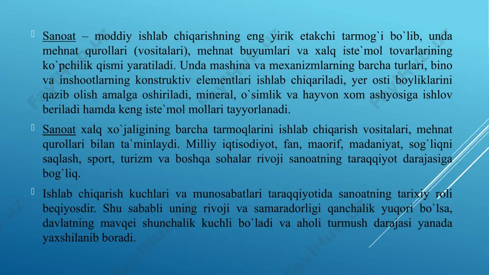 gan sanoatgina mustaqillikning birdan bir moddiy negizi bo`lishi mumkin. mamlakat aholisining ish bilan bandligini oshirishda sanoatning roli beqiyosdir. o`zbekistonda mehnatga layoqatli aholining 13 foizi sanoat ishlab chiqarishi hissasiga to`g`ri keladi. shuni ta`kidlash kerakki, respublika sanoatining jadal sur`atlar bilan ta`minlanishi yanada yaxshilanib borishi natijasida mehnatga layoqatli aholining ijtimoiy foydali mehnat bilan mashg`ul bo`lishi, ya`ni bandlik darajasi anchagina yuksaladi. jamiyatning yetakchi, bunyodkor, qudratli kuchi bo`lgan kadrlar (xodimlar)ning asosiy qismi sanoatda xizmat qiladi. bu tarmoqning yanada ulkan rivoji sanoat kadrlari sonining oshishiga va ularning jamiyatdagi mavqeini ko`tarishga olib keladi. o`zbekiston respublikasi sanoatining taraqqiyoti yuqori malakali ishchi kadrlar, muxandis va texnik xodimlarni yaratdi. hozirgi paytda o`zbekiston sanoatida 1,8 millionga yaqin xodim ishlamoqda. ulardan 482 ming kishi oliy ma`lumotli mutaxassis, 700 mingdan ortig`i o`rta va o`rta maxsus ma`lumotli xodimlardir. taraqqiyot qonunlaridan biri sanoat xodimlarining madaniy – texnik saviyasi o`sishi, ishlab chiqarish malakasi va tajribasini tinmay oshib borishidir. oliy majlisning qonunlari, prezident farmonlari va qarorlari, vazirlar …