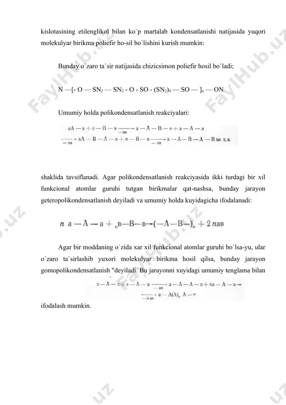 — zanjirning chiziksimon kismi.x i licerin oilan para- ftal kislotasining polikondensatlanish jarayonining birinchi boskichida glicerin bifunkcional monomer sifatida catnashio, chiziq-simon tuzilishga ega gliftal polimerlarni hosil kiladi. jarayon davomida harorat ko`tarilishi bilan zanjirning gli-adrin molekulasi koldiklari mavjud bo`lgan qismida (ya`ni uning uchida) funkcional guruh bilan o`sayotgan zanjir o`zaro ta`sirlanib, to`rsimon tuzilishga ega bo`lgan polimer hosil qiladi. x polikondensatlanish jarayonida ko`p funkcionallikka ega bo`lgan monomerlar bilan turli xil funkcional guruxugar tut-gan dimer, trimer, tetramer oligomerlar bilan o`zaro ta`sir-lashuvi bosqichma-bosj.ich tartibda boradi. fazoviy polikondensatlanish davrida erituvchilarda eritmaydigan polimerlar hosil bo`ladi. chunki, chiziqsimon tuzilishga eta o`sayotgan zanjirning funkcional guruxugari ta`sirida makromolekulaning mus-tahkam kimyoviy bog’ hosil qilib tikilishi tufayli unga eri-tuvchi molekulalarini ta`siri juda kam bo`ladi. aralashmada saqichsimon birikmaning hosil bo`lishi sistema :xovushoqligining ortib borishi bilan sodir bo`ladi. shu sababli o`sayotgan zanjirning funkcional guruhlarini dimer, trimer, oligomer bilan o`zaro ta`sirlanish reakciyasi susayadi va bu bssqichda poli-kondensaciyalanish jarayoni tuxtaydi, faqat ayrim hollardagina oxirigacha boradi. shu bilan …