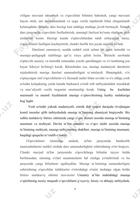 larni hal qilishni qo`yadi. ma’lumki musiqa o‘qitishning mavjud holatidan yangi dastur talabi asosida darslarni rejalashtirib o‘tishi mazmuni va mohiyati bilan dolzarb vazifadir. shundan kelib chiqqan holda biz o‘z malakaviy bitiiruv ishimiz mavzusini “boshlang‘ich sinflarda musiqa madaniyati darslarini o‘tish texnologiyasi” deb tanladik bitiruv malakaviy ishning maqsadi: musiqa madaniyati darslarini rejalashtirish va uni olib borishni tashkil etish orqali o‘quvchilarni o‘quv materiallari imkoniyatlaridan xabardor qilish, ularda musiqa tinglash qo‘shiqni jamoa bo‘lib kuylash ko‘nikmasini tarbiyalash. tadqiqotning obe’kti: o‘rta maktabda boshlang`ich sinf musiqa madaniyati fani. tadqiqotning obe’kti: o‘rta maktabda boshlang`ich sinf musiqa madaniyati fanining o‘qitilishi va mashg‘ulotlari jarayoni. tadqiqotning vazifasi: obe’ktidan kelib chiqib qo‘yidagi vazifalar belgilab olindi. · musiqa darslarini rejalashtirishda musiqiy faoliyat turlariga izoh berib chiqish. · musiqa madaniyati darslarini o‘tishda boshlang`ich sinf musiqiy faoliyat turlarini qo`llash uslublari orqali o‘quvchilarda musiqa madaniyati darslariga bo‘lgan qiziqishlarni orttirish. · boshlang`ich sinf musiqa madaniyati darslarini rejalashtirish va uni o`tishning yil, chorak, dars mavzulari hamda musiqiy faoliyatlar asosida …