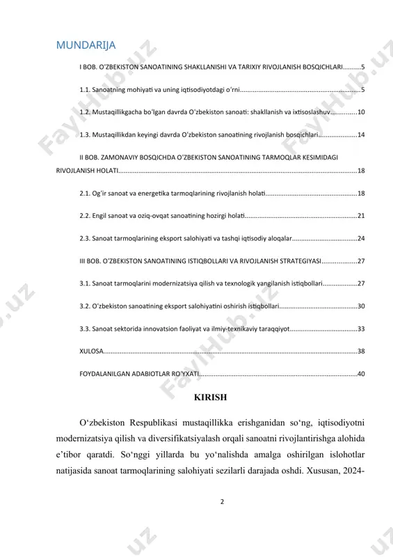 at rivojidagi rolini ko‘rsatadi .​ prezident shavkat mirziyoyev tomonidan ilgari surilgan “o‘zbekiston – 2030” strategiyasida sanoatni rivojlantirishga alohida e’tibor qaratilgan. ushbu strategiyada sanoatda ishlab chiqariladigan texnologik mahsulotlar ulushini 25% dan 32% gacha yetkazish, qayta ishlash sanoatida mehnat unumdorligini ikki barobar oshirish kabi maqsadlar belgilangan .​ kurs ishining dolzarbligi sanoat — iqtisodiyotning asosiy tarmoqlaridan biri bo‘lib, mamlakatning iqtisodiy mustaqilligi, eksport salohiyati va aholi bandligining ta’minlanishida muhim rol o‘ynaydi. o‘zbekiston sanoatining so‘nggi yillardagi rivojlanish tendentsiyalarini o‘rganish, mavjud muammolarni aniqlash va istiqbolli yo‘nalishlarni belgilash dolzarb masalalardan biridir.​ kurs ishining maqsadi o‘zbekiston sanoatining rivojlanish tendentsiyalarini tahlil qilish, mavjud muammolarni aniqlash va ularni bartaraf etish bo‘yicha takliflar ishlab chiqish.​ kurs ishining obyekti o‘zbekiston respublikasi sanoat tarmoqlari va ularning rivojlanish jarayonlari.​ kurs ishining vazifalari o‘zbekiston sanoatining tarixiy rivojlanish bosqichlarini o‘rganish; hozirgi davrda sanoat tarmoqlarining holatini tahlil qilish; sanoatni rivojlantirish bo‘yicha davlat siyosatini o‘rganish; sanoatning istiqbolli yo‘nalishlarini aniqlash va takliflar ishlab chiqish.​ kurs ishining tuzilishi va tarkibi …