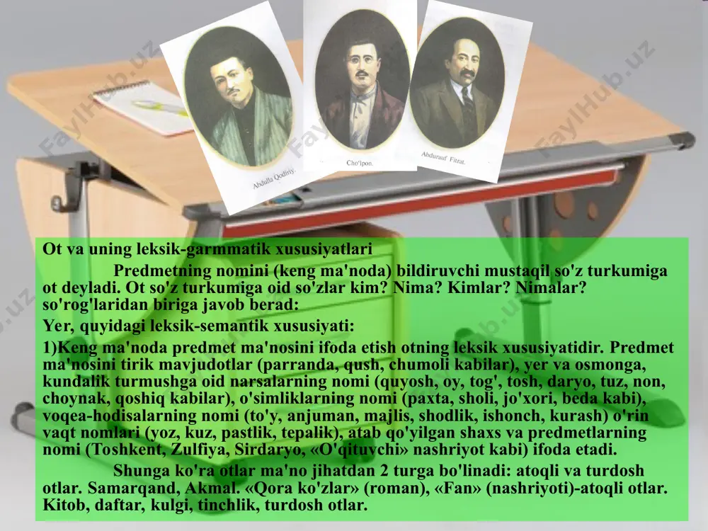 kitobni sevadi) kabi. 4) ot so'z yasalish xususiyatlariga ega. ot va so'z turkumi faol so'z yasalish usullari morfologik, sintaktik; shuningdek faqat ot so'z turkumini yasaydigan abbrevasiya usuli bilan yasaladi: xizmatchi, kulgi, taroq, gulzor, quvonch (morfologik usul bilan); belbog', ko'zoynak, baxt-saodat, ota-ona (sintaktik usul); dan, toshdpu (abbreviasiya usuli bilan) 4)otlarda modal forma yasalishi ham mavjud. otlarda modal ma'no otning leksik ma'nosiga kichraytirish, erkalash, hurmat, kuchaytirish, gumon, noaniqlik, kesatiq kabi qo'shimcha ma'nolarni qo'shish bilan hosil qilinadi: qizcha, qo'zichoq, bo'taloq, bolagina, karimjon, ra'noxon, un-pun, non-pon kabi. ot quyidagi sintaktik xussuiyatlarga ega: 1)ot ot bilan bog'lanadi. bosh va qaratgich kelishigidagi otlar ana shunday xususiyatga ega: 2)ot fe'l bilan bog'lanadi. tushum, jo'nalish, o'rin-payt, chiqish kelishigidagi otlar fe'l bilan bog'lanadi: xatni o'qidi, xatga qaradi, xatda yozilgan kabi; 3)ot ba'zan sifat, ravish, son, olmosh, undovga ham bog'lanadi: osmon tiniq, uylar ko'p, maqsadim shu kabi 4)bosh kelishik shaklidagi ot gapdaega, kesim, sifatlovchi kabi gap bo'laklari vazifasida; undalma, nomenativ …