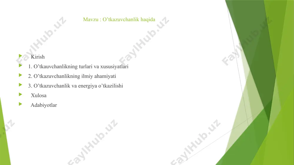 oʼtkazuvchanlik qurilish materiallarida qoʼllaniladi. ushbu qoʼllanmalarning har biri energiya samaradorligini oshirishga yordam beradi. oʼtkazuvchanlik, energiya va maʼlumot uzatishda muhim ahamiyatga ega. fizika va kimyoda, oʼtkazuvchanlik materiallarning xususiyatlarini oʼrganishda, masalan, elektr oʼtkazuvchanligi va issiqlik oʼtkazuvchanligini aniqlashda qoʼllaniladi. 8 o’tkazuvchanlik va energiya samaradorligi yangilanish energiya manbalari o’tkazuvchanligi muhimdir. energiyani o’tkazish imkoniyatini tahlil qilish natijalar energiya tejash va ekologiyani muhofaza qilish o’tkazuvchanlikning ilmiy tadqiqotlari o’tkazuvchanlikni oshirish innavatsion materiallar va texnologiyalar orqali o’tkazuvchanlikni oshirish usullari , masalan grafen va boshqa yuqori samarali materiallar ilmiy jihatlari tadqiqotlar natijalari va ularning ilmiy ahamiyati , o’tkazuvchanlikning yangi nazariy yondashuvlari kelajak istiqbollari o’tkazuvchanlikni rivojlantirishda yangi yo’nalishlar va imkoniyatlar , xususan energetika va elektronika sohalarida. oʼtkazuvchanlikni oshirishda qoʼllaniladigan yangi texnologiyalar: - nano-oʼtkazuvchilar: energiyani samarali o'tkazishda foydalaniladi. - yangi materiallar: oʼtkazuvchanlikni oshirish uchun maxsus ishlab chiqilgan. - energiya samaradorligi tizimlari: sanoat va energetika sohalarida qoʼllaniladi. misol sifatida: 2021 yilda amalga oshirilgan tadqiqotlar natijasida nano-oʼtkazuvchilar yordamida energiya o'tkazuvchanligini 30% ga oshirishga …