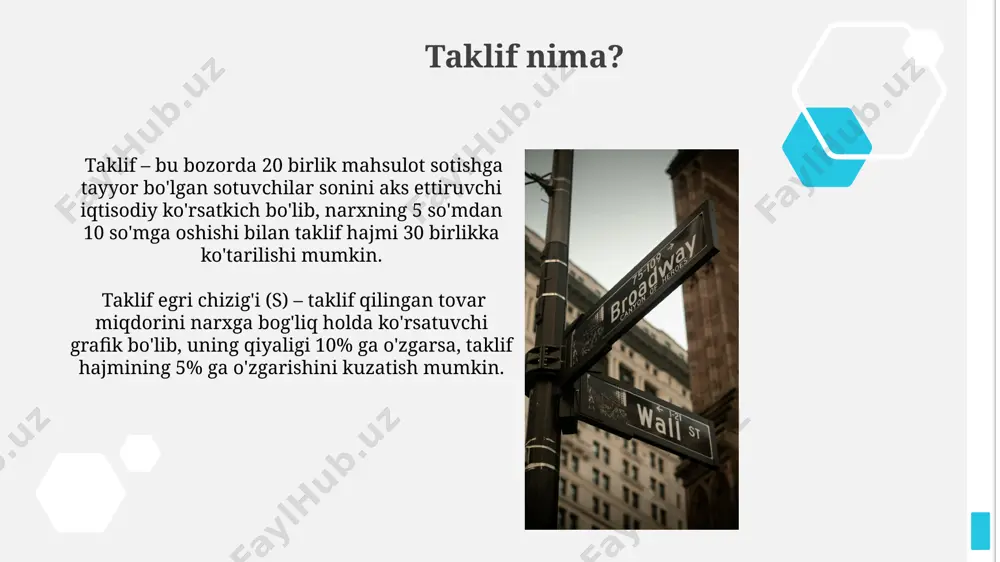 00 soʻmdan pastga tushirmaslikni taqiqlash orqali, taklifni kamayishiga va talabning ortishiga olib kelishi mumkin. talabning elastikligi muayyan tovar uchun talabning narx elastikligi darajasi uning o'rnini bosuvchi tovarlarning mavjudligi va iste'molchining byudjetida egallagan ulushi kabi omillarga bog'liq bo'lishi mumkin. agar talabning narx elastikligi koeffitsiyenti 0 dan 1 gacha bo'lsa, talab past elastik hisoblanadi, ya'ni narxning 1% o'zgarishi talabning 1% dan kam o'zgarishiga sabab bo'ladi. e'tiboringiz uchun rahmat @taqdimot_robot image1.jpg image2.jpg image3.jpg image4.jpg image5.jpg image6.jpg image7.jpg image8.jpg image9.jpg image10.jpg image11.jpg image12.jpg