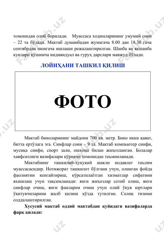 бнинг ташкилий-ҳуқуқий шакли нодавлат таълим муассасасидир. нотижорат ташкилот бўлгани учун, олинган фойда фаолиятни кенгайтириш, кўрсатилаётган хизматлар сифатини яхшилаш учун тақсимланади: янги жиҳозлар сотиб олиш, янги синфлар очиш, янги фанларни очиш учун олий ўқув юртлари ўқитувчиларини жалб қилиш кўзда тутилган. солиқ тизими соддалаштирилган. хусусий мактаб оддий мактабдан қуйидаги вазифаларда фарқ қилади: · янги фанларни ўқитиш; · ҳар бир талабага индивидуал ёндашиш; · юқори малакали кадрларни ёллаш; · болаларни ўрганиш ва ривожлантириш учун яхши шароитлар; · интизомга кўпроқ эътибор бериш ва ҳ.к. асосий рақобатчи умумий таълим мактабларидир. улар бепул ва ҳамма учун мавжуд, аммо улар қатор камчиликларга эга, масалан: · ҳар доим малакали ўқитувчилар бўлмаслиги; · болаларни эътиборсиз қолдириш; · молиялаштириш даражасининг пастлиги, илмий ҳодисаларни ўрганиш учун зарур ускуналарнинг етишмаслиги; · интизом назорати йўқлиги; · ноёб экскурсиялар ва очиқ дарслар камлиги; · ҳар бир ўқувчиларга етарлича эътибор бермаслик. хусусий мактабнинг имконли мижозлари орасида ота-оналарнинг қуйидаги гуруҳларини ажратиш мумкин: · юқори даромадли ота-оналар; …