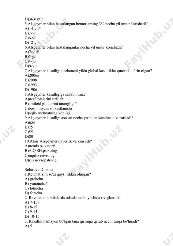 il c)1989-yil d)1991-yil 2.suvchechakni nechanchi turi kasallik keltirib chiqaradi? a)2-tur gerpes b)1-tur bakteriya c)3-tur gerpes d)4-tur zamburu'g# 3.toshma kattaligi necha mm bo'ladi? a)1-2mm b)2-4mm# d)4-5mm c)1-3mm 4.donachalar butunlay yo'qolishi uchun necha kun vaqt ketadi. a)7-14 kun# b)6-12 kun d)10-11kun c)18-20 kun 5.suvchechak virusi qaysi yo'llar bilan yuqadi? a)so'lak.yo'tal aks urish pufakchalardagi suyuqlik bilan aloqa qilish# b)tomchi yo'tali. yo'tal .so'lak c)salomlashganda, aks urganda d)hamma javob to'g'ri 6.kasallik asosan necha oylikdan necha yoshgacha bo'lgan bolalarga ta'sir ko'rsatadi. a)5 oylikdan 10 yoshgacha b)6oylikdan 7 yoshgacha# d)4 oylikdan 4 yoshgacha c) 1oylikdan 9 yoshgacha 7.suvchechakning inkubatsion davri necha kun davom etadi. a)10-11 kun # b)11-21kun d)12-16kun c)10-15kun 8.suvchechak virusi qaysi fanlarda ko'p uchraydi? a)qishning oxiri bahorda# b)ahor o'rtasida yozning boshida d)kuzda ko'p uchraydi c)hamma javob togri 9. suvchechak virusi ko'proq kim uchun xavfli? a)homiladorlada xavfli# b)o'rta yoshdagilarda xavfli d)qariyalarda xavfli c)hamma javob noto'g'ri 10. kasallikning ta'sirchanligi necha foizni tashkil etadi? a)50% b)70%# d)65% c)100% …
