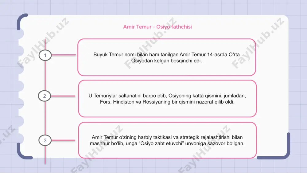 balariga erishish uchun strategik jangovar taktikalarni qo‘llagan harbiy daho edi. u otliqlar va kamonchilardan innovatsion foydalanish, shuningdek, turli er va ob-havo sharoitlariga moslashish qobiliyati bilan mashhur edi. amir temurning jangovar taktikasi kutilmagan hujumlar, qamal va ruhiy urushni o‘z ichiga olgan bo‘lib, bu janglar ko‘pincha dushmanlarini qo‘lga olib, ularni ruhiy tushkunlikka solib qo‘ydi. 1 2 3 amir temur merosi: markaziy osiyo tarixini shakllantirish temur nomi bilan mashhur amir temur markaziy osiyo tarixida abadiy meros qoldirdi. uning harbiy zabtlari va madaniy homiyligi mintaqaning siyosiy va badiiy manzarasini shakllantirdi. uning temuriylar imperiyasi deb atalgan imperiyasi hozirgi erondan hindistongacha boʻlgan hududni qamrab olgan va ipak yoʻlining rivojlanishi va islom dinining tarqalishiga katta taʼsir koʻrsatgan. amir temur hukmronligi: boshqaruv va boshqaruv temuriylar nomi bilan ham mashhur boʻlgan amir temur 14-asrda fors va oʻrta osiyoda temuriylar saltanatining asoschisi boʻlgan bosqinchi boʻlgan. amir temur oʻz hukmronligi davrida oʻzining ulkan saltanati ustidan nazoratni saqlab qolishga yordam beradigan samarali …