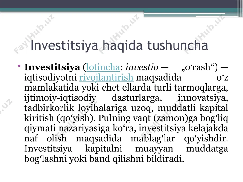 shlab chiqarish va xizmat ko‘rsatish tarmoqlari kiradi. asmning asosiy maqsadi - mamlakat aholisini sifatli oziq-ovqat va iste’mol tovarlari bilan talab darajasida ta’minlashdir. bu muammo ulkan siyosiy, iqtisodiy va ijtimoiy ahamiyatga ega bo‘lib, uning talab darajasida hal etilishi aholi turmush darajasini yuksaltiradi. asmning asosiy tarmog‘i boְ‘lgan qishloq xo‘jaligi ijtimoiy mehnat taqsimotining dastlabki davrlarida qishloq xo‘jaligi faqat dehqonchilik va chorvachilik tarmog‘idan iborat bo‘lgan. keyinchalik dehqonchilik va chorvachilik mahsulotlarini ishlab chiqarish bo‘yicha alohida mustaqil tarmoqlar ajralib chiqa boshladi. bular: paxtachilik, g‘allachilik, sabzavotchilik, bog‘dorchilik, qoramolchilik, qo‘ychilik va boshqalar. bu tarmoqlar ishlab chiqaradigan mahsulot turi, texnologiyasi, ishlab chiqarishni tashkil etish, qo‘llaniladigan texnikalar tizimining xilma-xilligi bilan ajralib turadi. investitsiyalar haqida tushuncha uning quyidagi turlari mavjud: davlat investitsiyasi — davlat byudjeti va moliya manbalari hisobidan kiritiladi; chet el investitsiyasi — xorijiy davlatlar, banklar, kompaniyalar, tadbirkorlar tomonidan kiritiladi; xususiy investitsiya — xususiy, korporativ xoʻjalik va tashkilotlar, fuqarolar mablagʻlari, shu jumladan, shaxsiy va jalb qilingan mablagʻlar hisobidan qoʻyiladi. investitsiya …