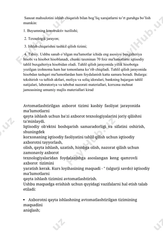 arajaga keltirish mahsulot ishlab chiqarishni loyihalashtirish va uni ishlab chiqarish chog’ida har tomonlama hisobga olish kerak. bu masalani ijobiy hal qilishda funksional – qiymat tahlili asqotadi. funksional qiymat tahlili - ob'yektni (mahsulot) texnologik va mehnat jarayonlari tizimli tarzda tadqiq qilib, mehnat va moddiy resurslardan samarali foydalanishga qaratilgan chora - tadbirlarni ishlab chiqadi. funktsional qiymat tahlili ning asosiy maqsadi-ilmiy-tadqiqot va tajriba konstruktorlik ishlari chog’ida yangi xil mahsulotlarni loyihalashtirish va ularni o’zlashtirishda ortiqcha xarajatlarning yuzaga kelishiga yo’l qo’ymaslik; ishlab chiqarish bosqichida loyiha bo’yicha ko’zda tutilgan xarajatlar darajasidan chetga chiqmaslikni; buyumni qo’llash bosqichida oqlanmagan ekspluatatsion xarajat va yo’qotishlarni bartaraf qilish va nihoyat, buyumlarni utilizatsiya (chiqitga) chiqarish bosqichida chiqitga chiqarilgan buyumlarni qayta ishlab, ulardan foydalanish jarayonini o’z ichiga oladi. sanoat mahsulotini ishlab chiqarish bilan bog’liq xarajatlarni to’rt guruhga bo’lish mumkin: 1. buyumning konstruktiv tuzilishi; 2. texnologik jarayon; 3. ishlab chiqarishni tashkil qilish tizimi; 4. tabiiy. ushbu sanab o’tilgan ma'lumotlar ichida eng asosiysi buxgalteriya hisobi …