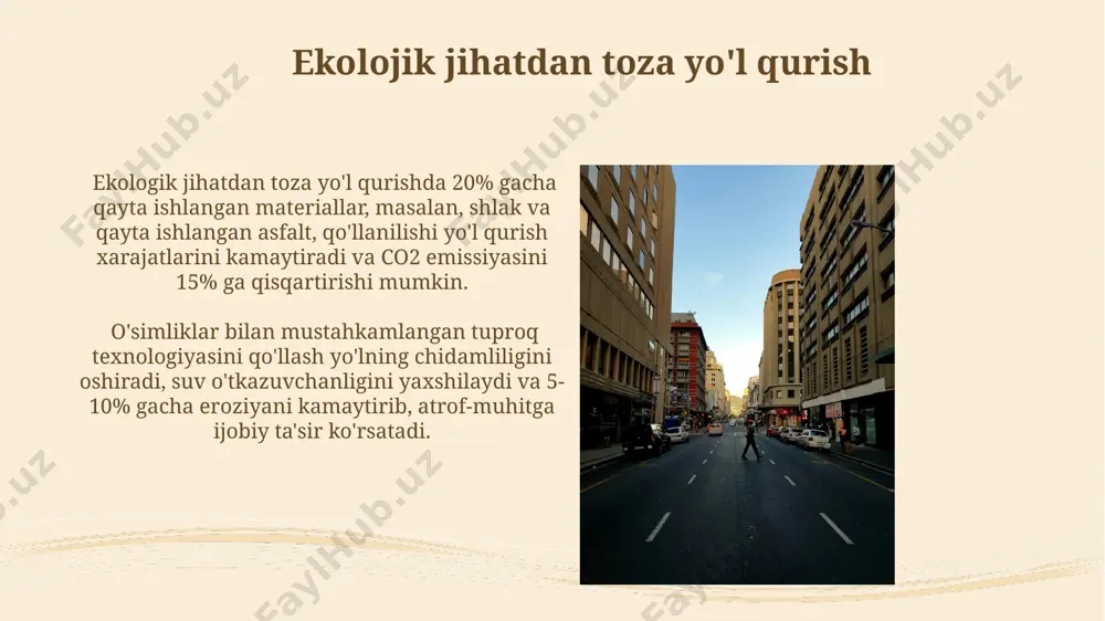 yo'l texnologiyalari 3d-printerlar yordamida yo'l ta'mirlash ishlarini bajarish tezligini 2-3 barobarga oshirish va mehnat xarajatlarini kamaytirish mumkin, bu esa ancha iqtisodiy foyda keltiradi. zamonaviy yo'l qoplamalari 70% gacha qayta ishlangan materiallarni o'z ichiga olishi mumkin, bu esa chiqindilarni kamaytirish va ekologik izni minimallashtirishga yordam beradi. yo'l xavfsizligi va profilaktika har yili o'rtacha 1000 dan ortiq yo'l-transport hodisalari profilaktika choralarining etarli emasligi sababli yuz beradi. avtomobil haydovchilariga o'quv kurslarini o'tkazish zarur. yo'l-transport hodisalarining 70% dan ortig'i inson omili tufayli sodir bo'ladi, shuning uchun yo'l harakati qoidalariga qat'iy rioya qilish hayotiy muhimdir. yo'l ta'miri va texnik xizmati yo'l sathining texnik holatini baholashda yo'l qoplamasining chuqurligi va yorilishlar soni kabi parametrlarni o'lchov asboblari yordamida aniqlanishi va bundagi hatolik darajasi 2% dan oshmasligi kerak. yo'l ta'mirlashda asfalt betonining harorati 120-150°c bo'lishi va sifatli bitumli materiallardan foydalanish muhim, bu yo'lning xizmat muddatini 15-20 yilgacha uzaytiradi. e'tiboringiz uchun rahmat @taqdimot_robot image2.jpg image3.jpg image4.jpg image5.jpg image6.jpg image7.jpg …