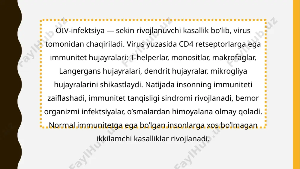 trovirus sindromi deyiladi. oiv boshlang‘ich simptomlari quyidagilarni o‘z ichiga oladi: yuqori harorat; qaltirash; bo‘gimlarda og‘riq; mushaklarda og‘riq; tomoq og‘rig‘i; tunda ko‘p terlash; bezlarning kattalashuvi; tanada qizil rangli toshmalar; tez charchash; tezda vazn yo‘qotish. belgisiz oiv ko‘p hollarda oiv bilan zararlangan insonlarda birinchi zararlanish belgisidan so‘ng ko‘p yillar davomida hech qanday belgilar kuzatilmasligi mumkin. bu vaqt oraliqda virus ko‘payadi va immun tizimi va organlarni zararlaydi. agar oiv virusini virusga qarshi dori vositalarni qo‘llanmasa, organizm immun tizimi o‘rtacha 10 yil faoliyat ko‘rsatishi aniqlangan. oiv bilan zararlangan insonda hech qanday belgilar yuzaga chiqmaydi, o‘zini yaxshi his qiladi, sog‘lig‘idan shikoyat qilmaydi. antiretrovirus preparatlarini har kuni qabul qiladigan insonlarda virusning ko‘payishi butunlay to‘xtashi mumkin. antiretrovirus preparatlari immun tizimiga doim zararli ta’sir ko‘rsatib keladi. ma’lumotlariga ko‘ra, kasallik bilan zararlangan har 8 insondan 1 si o‘zining oiv bilan zararlangani bilmaydi. oiv virusining tashxisi umumiy qon tahlili orqali aniqlanadi. agar oiv topilsa, musbat natija bo‘ladi. bu analiz takror …