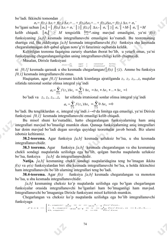da f (х)≤0 bo’lganda bo’lishini ko’rsatish qiyin emas. 5-xossa. agar [a,b] (a 2. javob: ℓ-3х. 2. ; х>0 javob: -3x2sin2x3. 3. f(x)=3-2sinx funksiyaning kesmadagi o’rtacha qiymatini toping. javob: 3. integrallar baholansin. 4. i= . javob: 4 a) kesmada integrallanuvchi, ya‘ni embed equation.3 aniq integral mavjud bo’lsin. u holda (40.1) chekli limit mavjud bo’lsa, u birinchi tur yoki chegaralari cheksiz xosmas integral deb ataladi, va (40.2) kabi belgilanadi. shunday qilib, ta‘rifga ko’ra . bu holda (40.2.) xosmas integral mavjud yoki yaqinlashadi deyiladi. agar (40.1) limit mavjud bo’lmasa, u holda (40.2) xosmas integral mavjud emas yoki uzoqlashadi deyiladi. (-∞,b] intervalda chegaralangan f(x) funksiyaning xosmas integrali ham (40.2) kabi aniqlanadi: . (40.3) bunda f(x) funksiya istalgan [r,b] (r,b) kesmada integrallanuvchi. shuningdek, (40.4) tenglik yordamida f(x) funksiyaning (-∞,+∞) bo’yicha xosmas integrali aniqlanadi. bunda с ixtiyoriy o’zgarmas son. (40.4) tenglikning o’ng tomonidagi har ikkala xosmas integral ham yaqinlashgada uning chap tomonidagi xosmas interal ham yaqinlashadi. …
