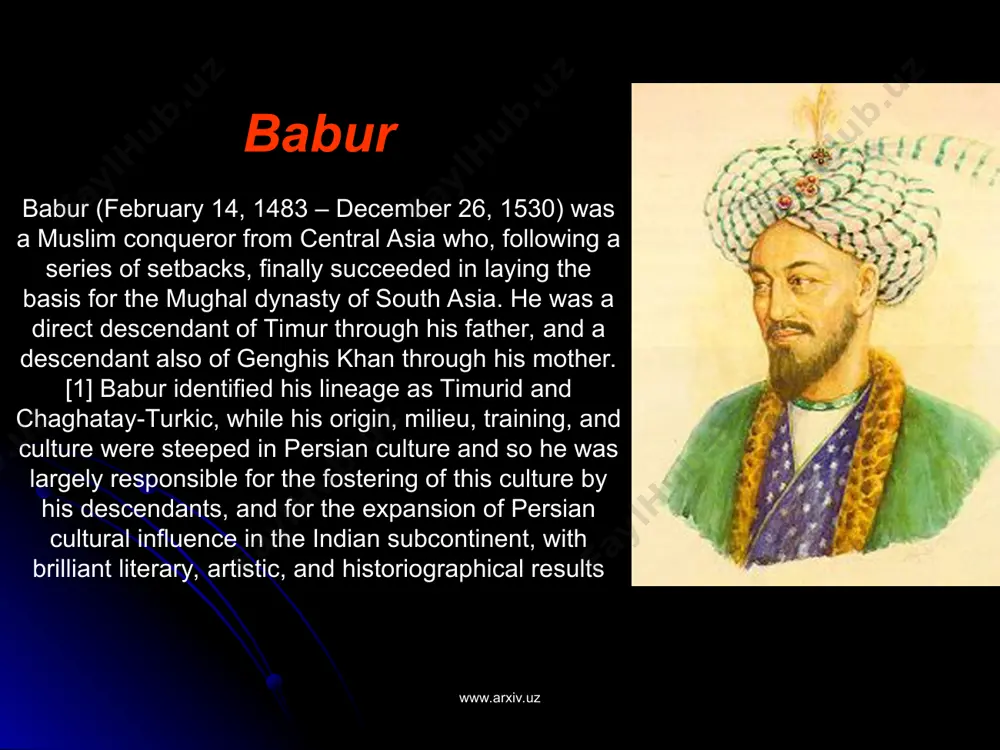 to the russian word for beaver (бобр - bobr). at that time the chaghatái (descendants of genghis khan) were very rude and uncultured (bázári), and not refined (buzurg) as they are now; thus they found zahir-ud-din muhammad difficult to pronounce, and for this reason gave him the name of bábar. in the public prayers (khutba) and in royal mandates he is always styled 'zahir-ud-din bábar muhammad,' but he is best known by the name of bábar pádisháh. — babur's cousin, mirzā muḥammad haydar www.arxiv.uz www.arxiv.uz sources for the biography the main source for babur's biography is a written account of his life, written by babur himself. his memoirs are known as the baburnama and are considered the first true autobiography in islamic literature. he wrote the bāburnāma in chaghatai turkic, his mother-tongue, though his prose was highly persianized in its sentence structure, morphology, and vocabulary.[4] the work gives a valuable …