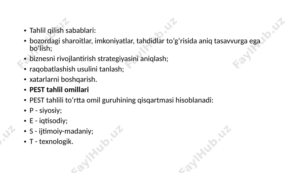 omillarga ishora qiladi. ularni tahlil qilish uchun siz bir nechta asosiy parametrlardan boshlashingiz kerak. birinchidan, demografik o‘sishni kuzatib borish muhimdir (aholi sonining ko‘payishi yoki kamayishi). kompaniyaning rivojlanishi uchun unga professional xodimlar kerak. shuning uchun potensial kadrlar – sohada ishlayotgan va unga aloqador odamlar malakasi darajasi to‘g‘risida tasavvurga ega bo‘lish zarur. mahsulotlarga bo‘lgan talabni boshqarish uchun firma iste’molchilarning o‘ziga xos mentaliteti, madaniy, qadriyatlarini yoki didini o‘ziga jalb qilishi kerak. agar odamlar mahsulot yoki xizmatga oid afsonalar, stereotiplarga ega bo‘lsa, unda tahlillar davomida ularni tekshirish kerak. t harfi texnologik omillarga ishora qiladi. ular sohadagi texnologik taraqqiyotni tavsiflaydi. siz quyidagi parametrlarga e’tibor qaratishingiz kerak: mahsulot yoki xizmatni yaratish va targ‘ib qilishda foydalaniladigan asosiy texnologiyalardagi o‘zgarishlarning mavjudligi. ushbu guruhga nafaqat jihozlarni takomillashtirish, balki biznes yuritishning yangi usullarini joriy etish, ijtimoiy tarmoqlarda targ‘ib qilish, shuningdek yangi xom ashyolardan foydalanish kiradi; internet va mobil qurilmalarning sanoat va bozor rivojlanishiga ta’siri darajasi; kompaniyaning samarali raqobatlashishiga imkon beradigan …